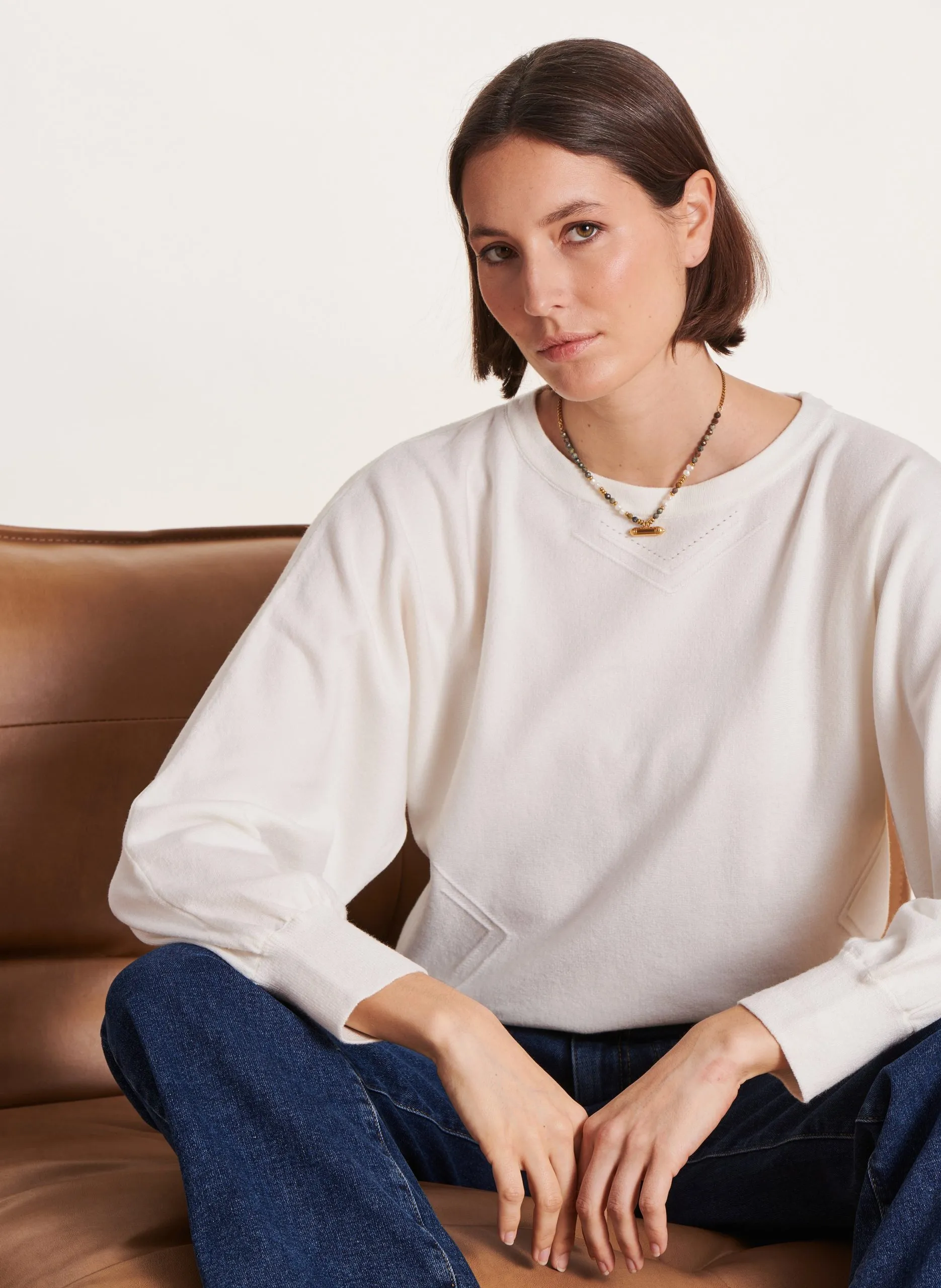 Pull col rond droit en maille Blanc