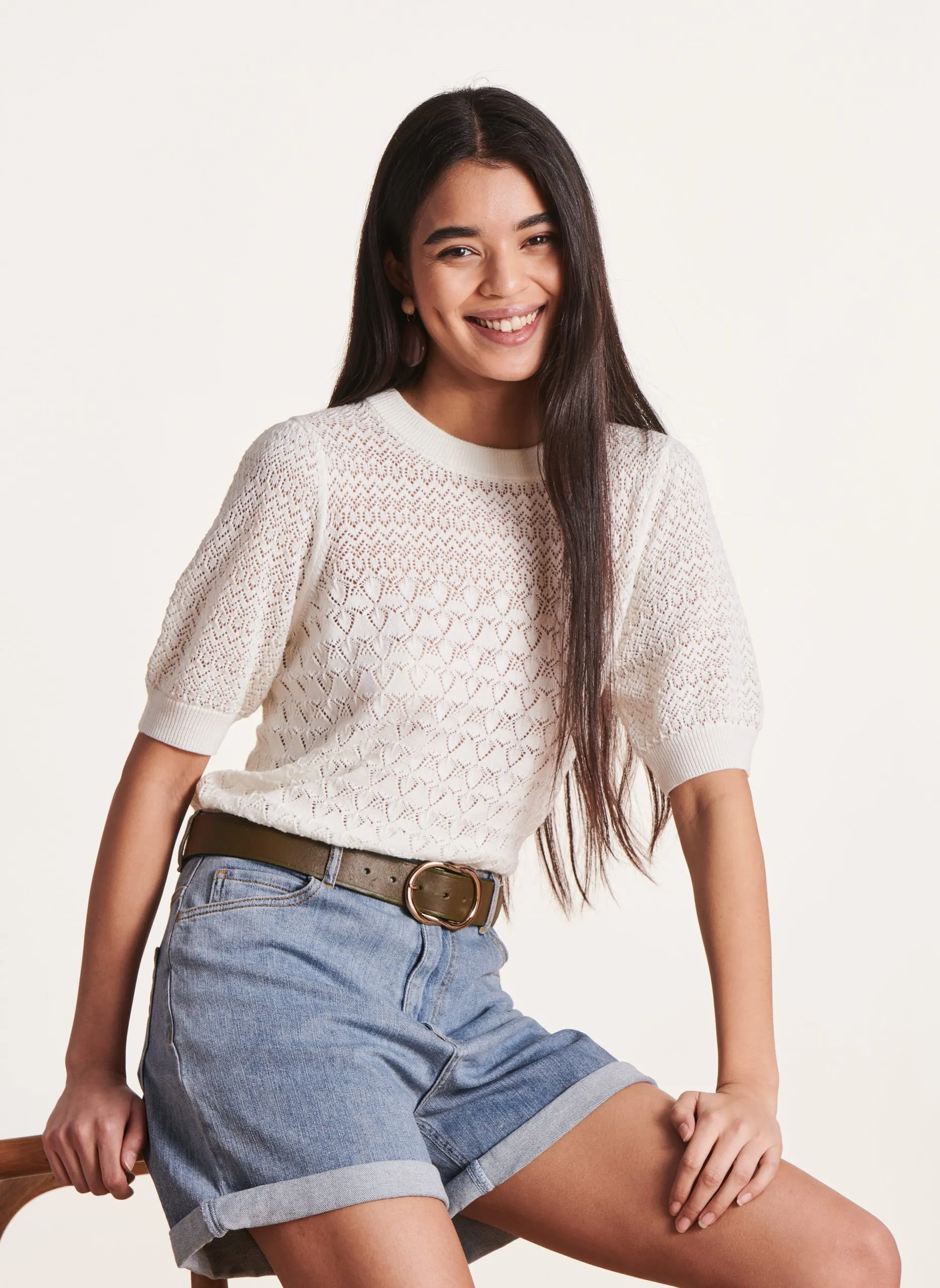 Pull manches courtes en maille pointelle Blanc