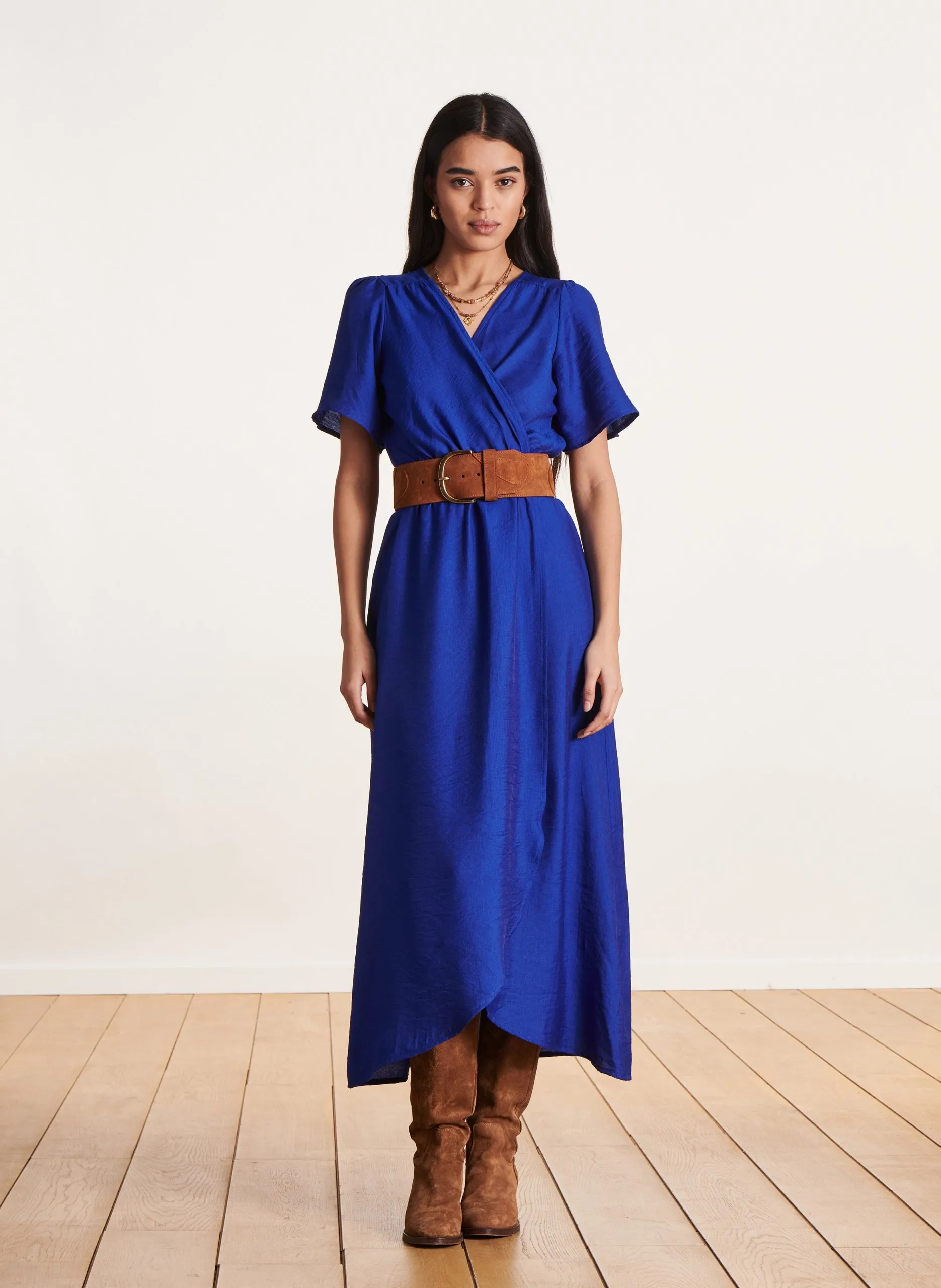 Robe midi col v Bleu