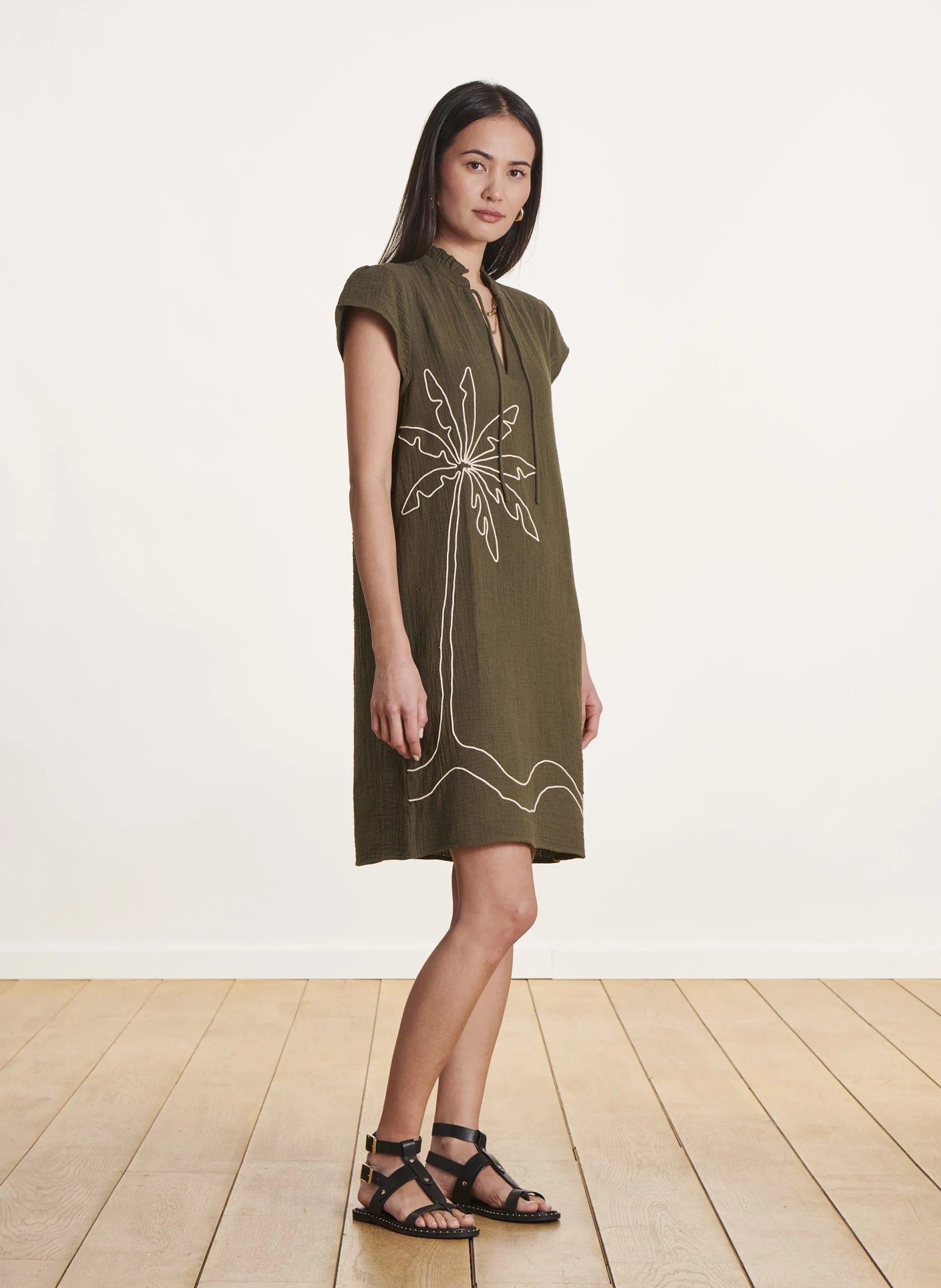 Robe courte col V en coton bio Kaki