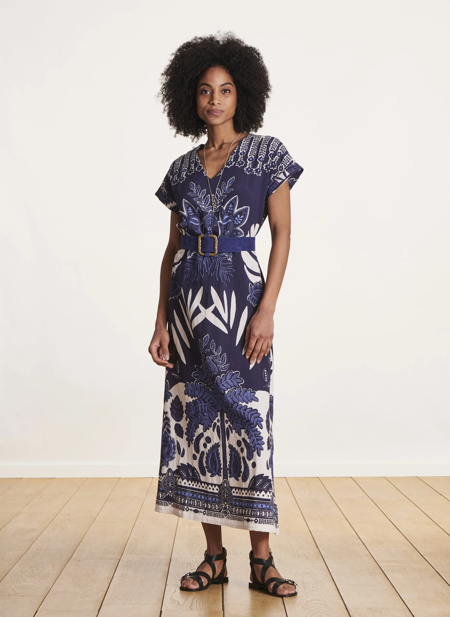 Robe longue col V à imprimé floral Bleu