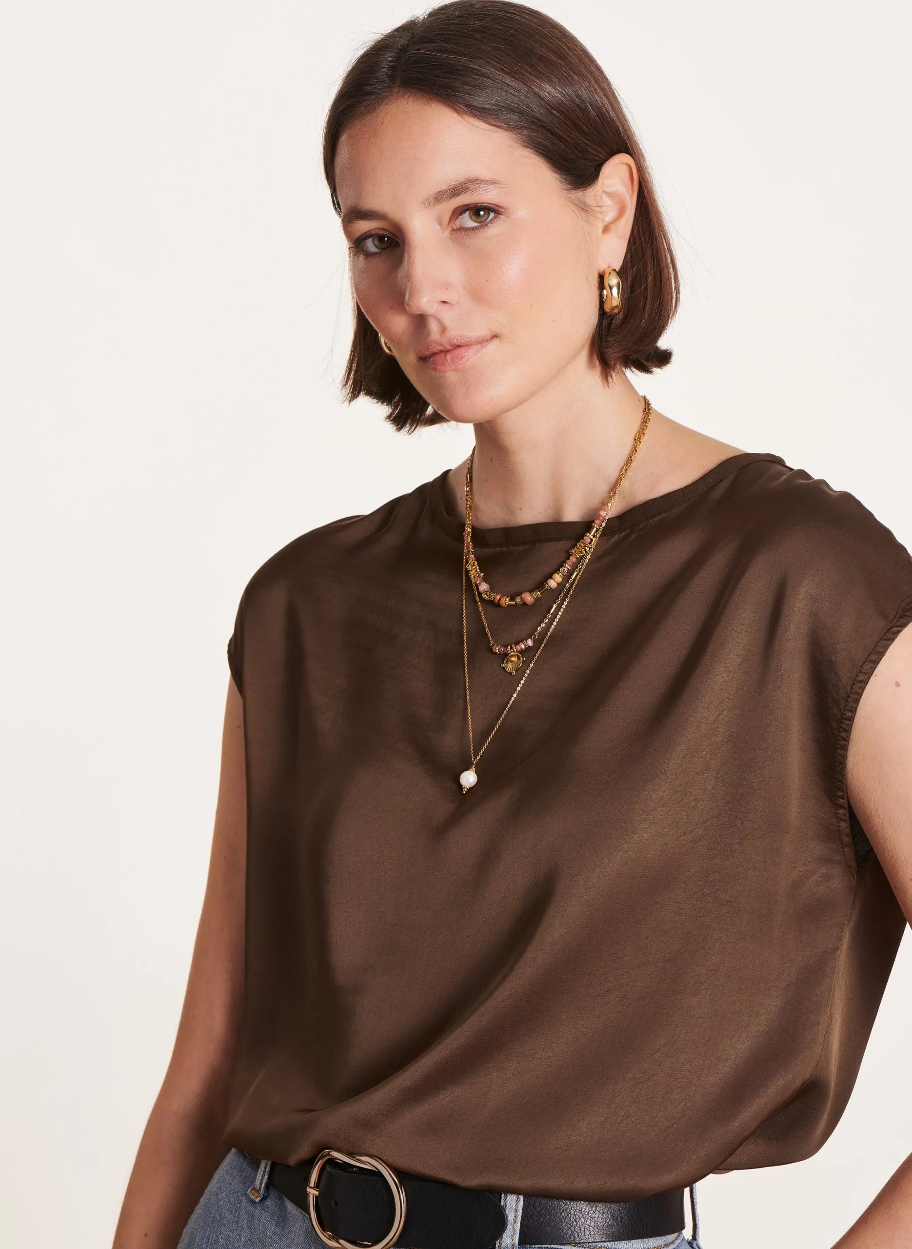 Tee-shirt col rond satiné Marron