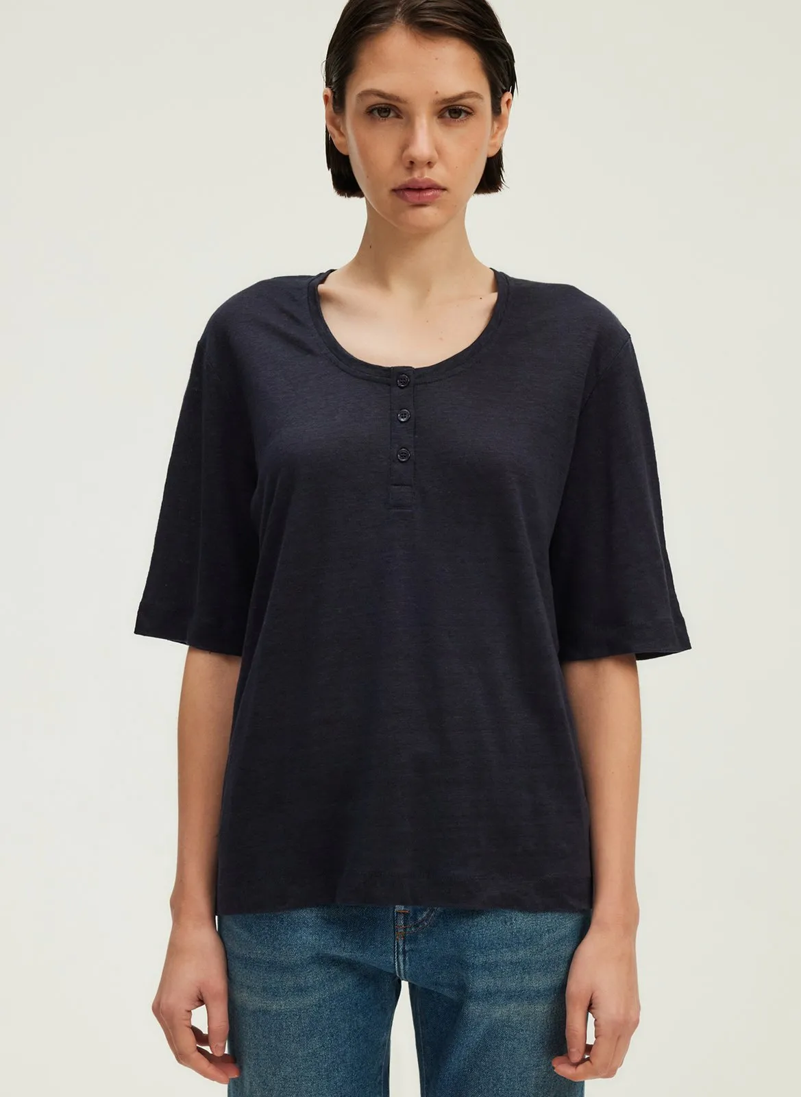 Tee-shirt ample col rond en lin Bleu GISELINE