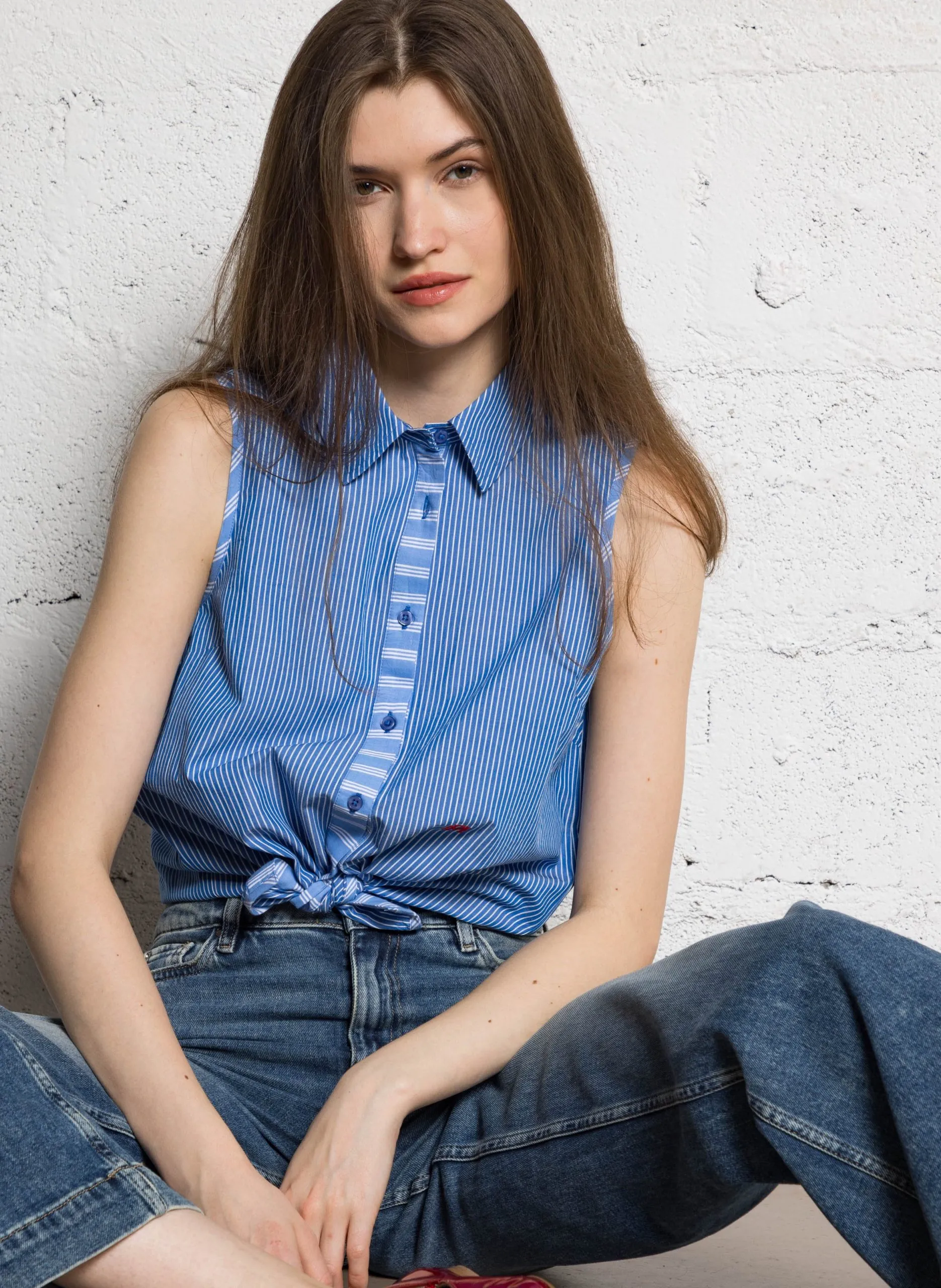 Chemise droite en coton rayé Bleu TAHITI