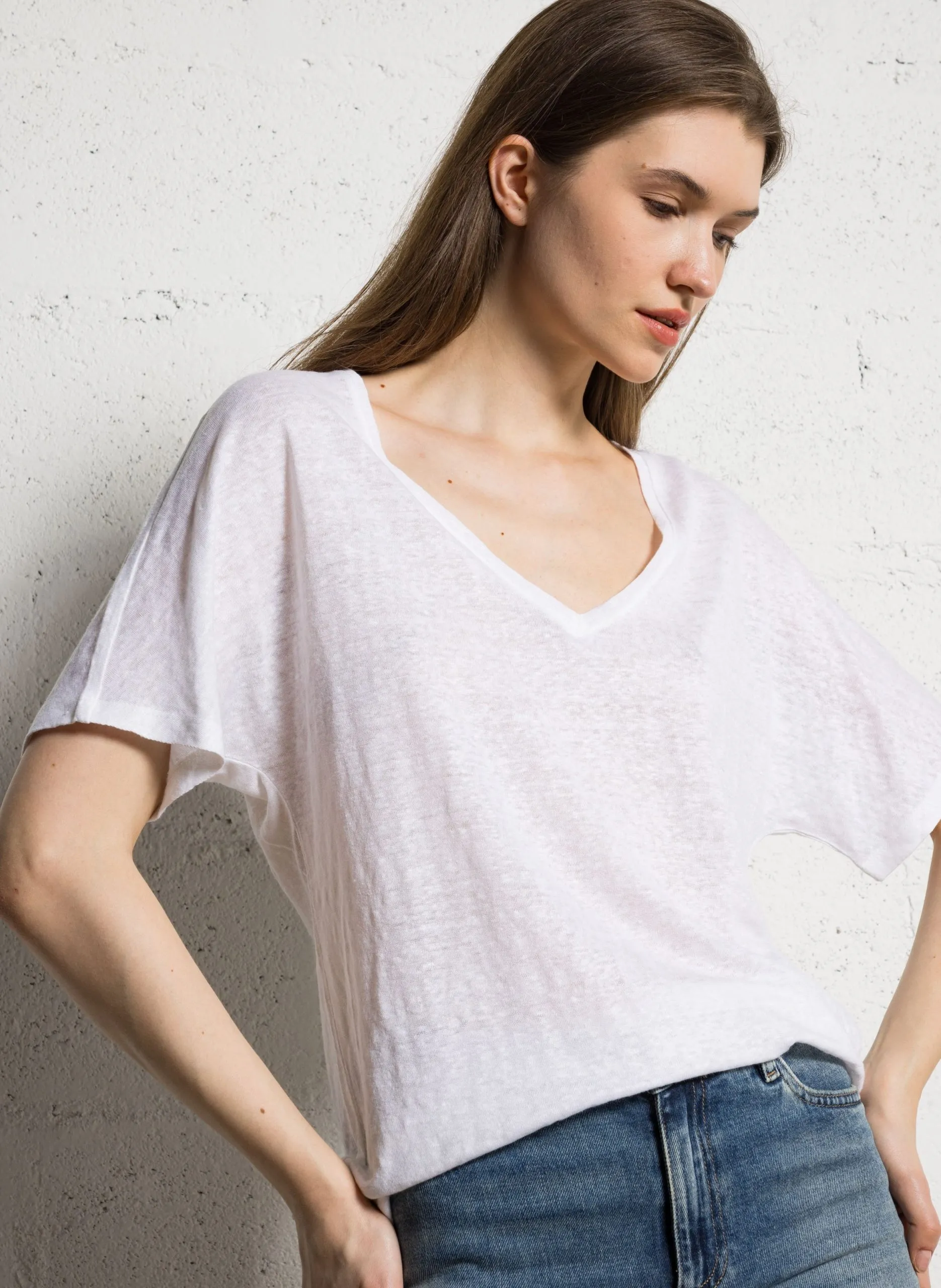 Tee-shirt droit col V en lin Blanc HANINA