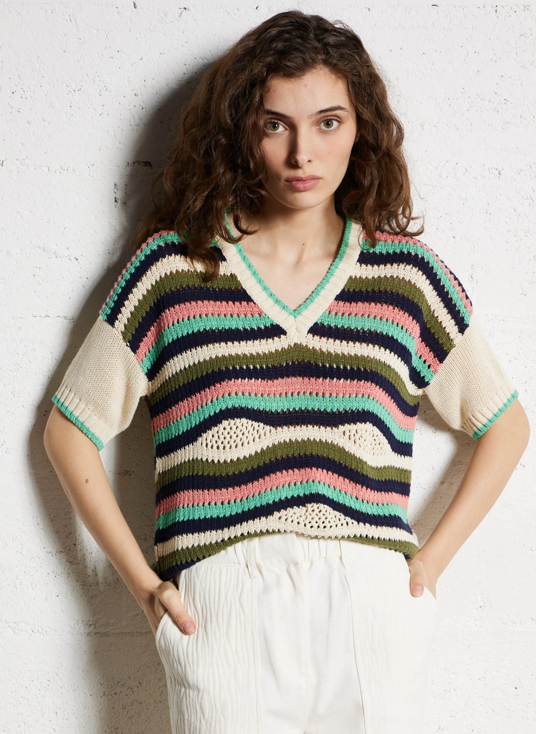 Pull manches courtes en maille ajourée Multicolore LOLITA