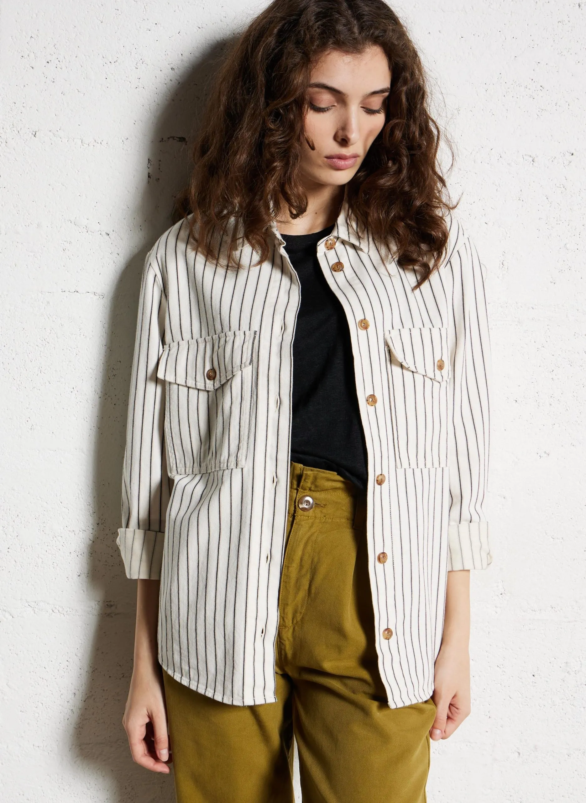 Chemise droite en coton rayé Blanc VITALI