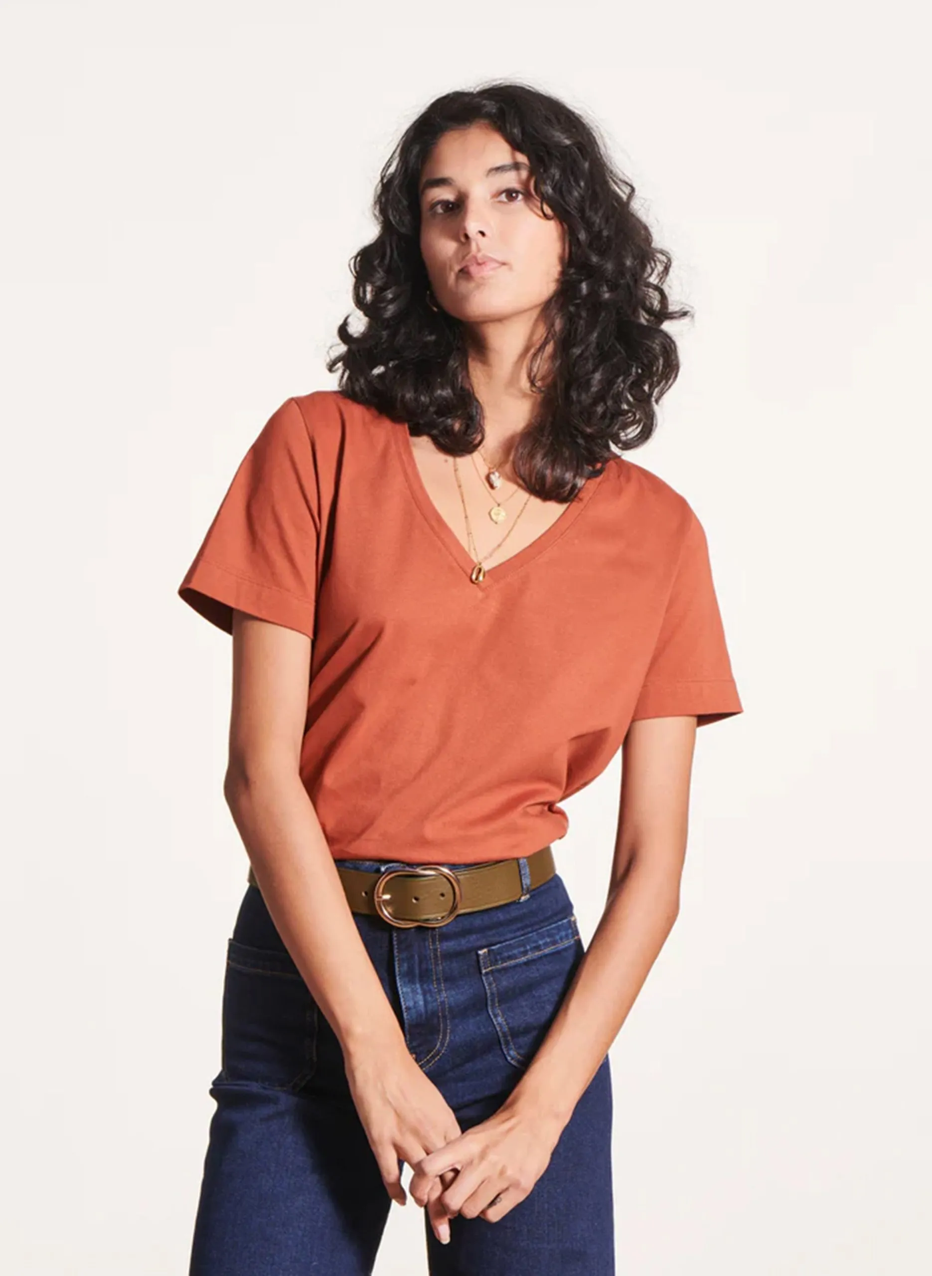 Tee-shirt droit à col V en coton bio Multicolore