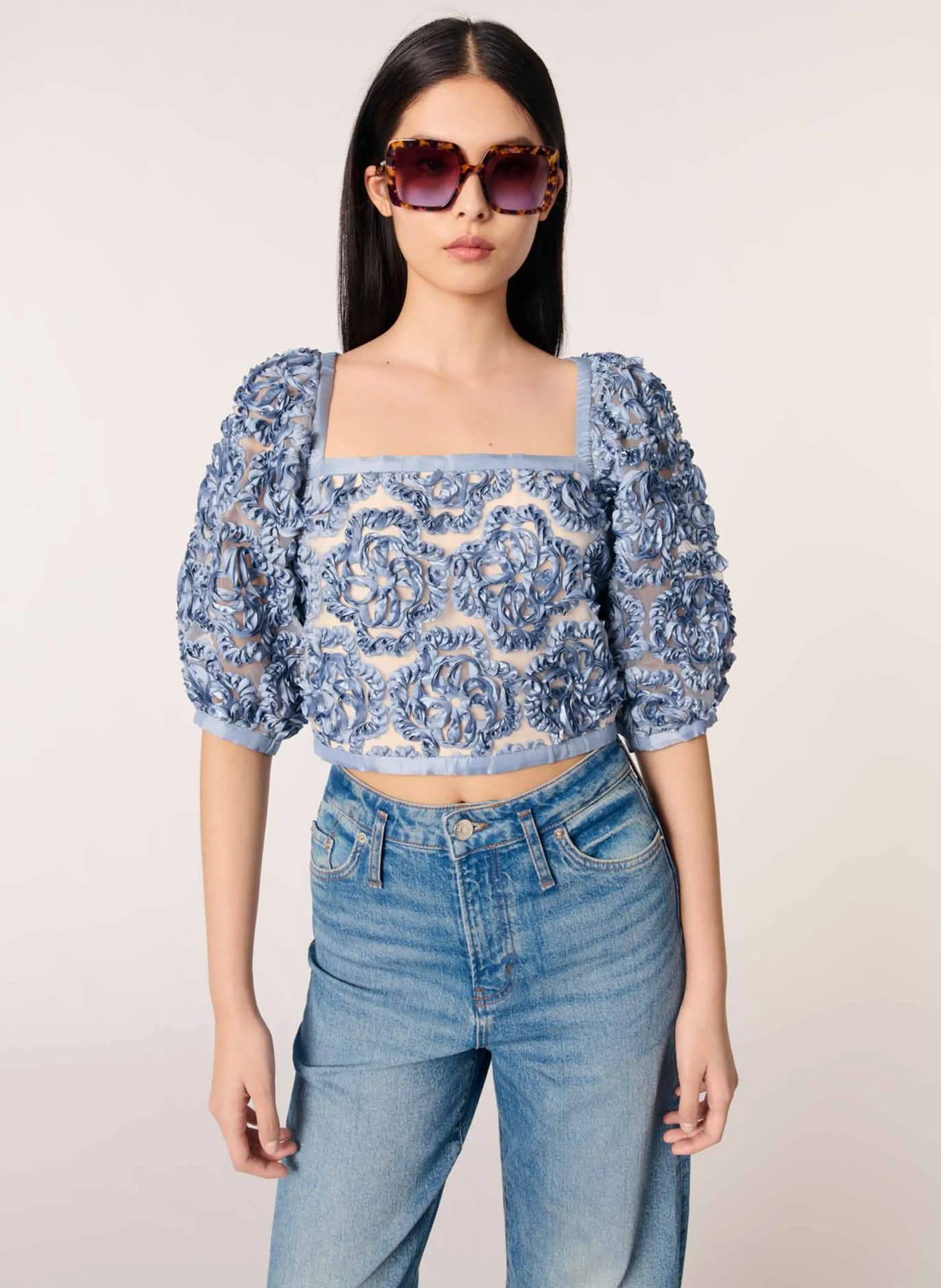 Top encolure carré brodé Bleu