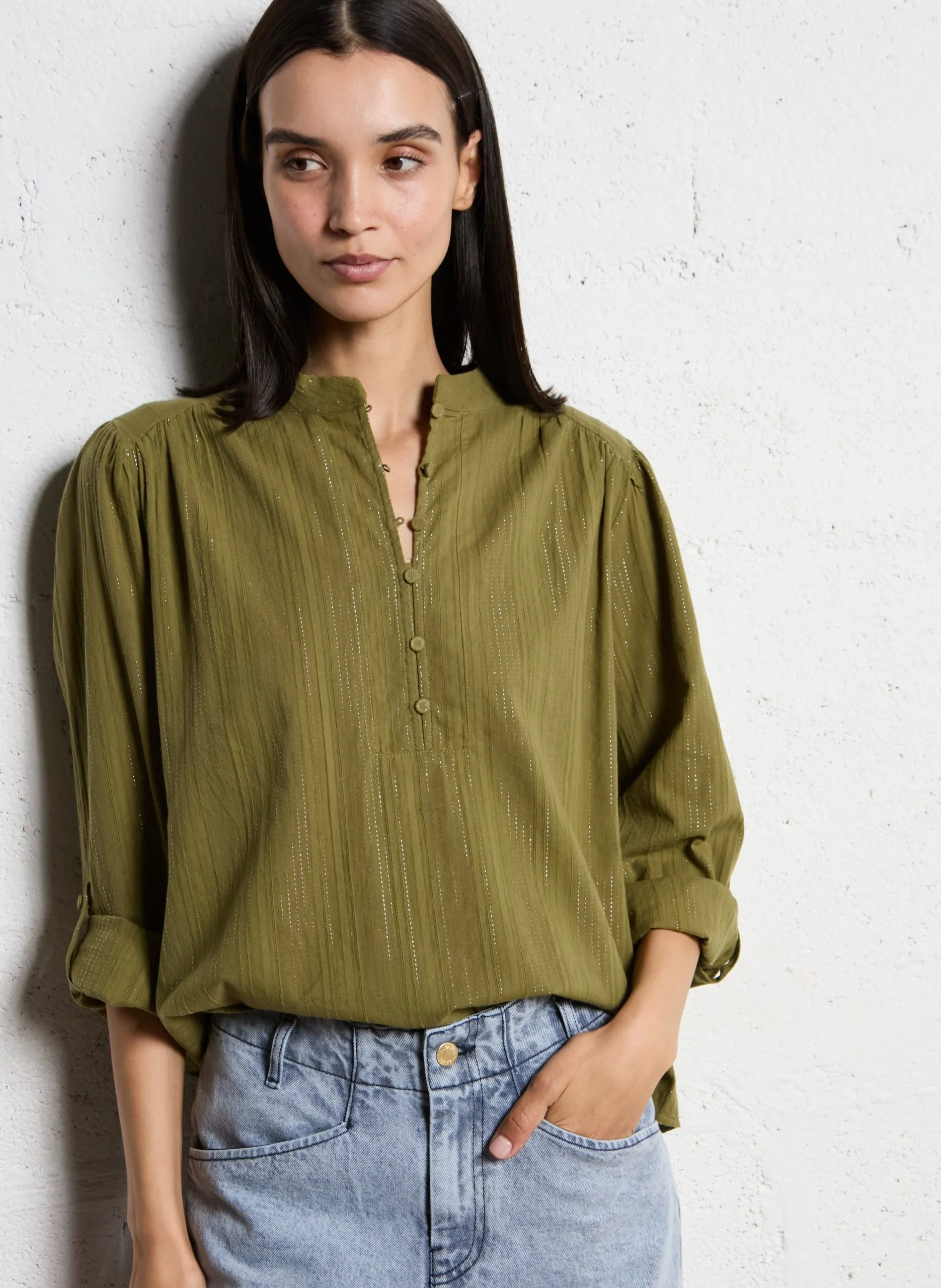 Blouse ample en coton mélangé Vert