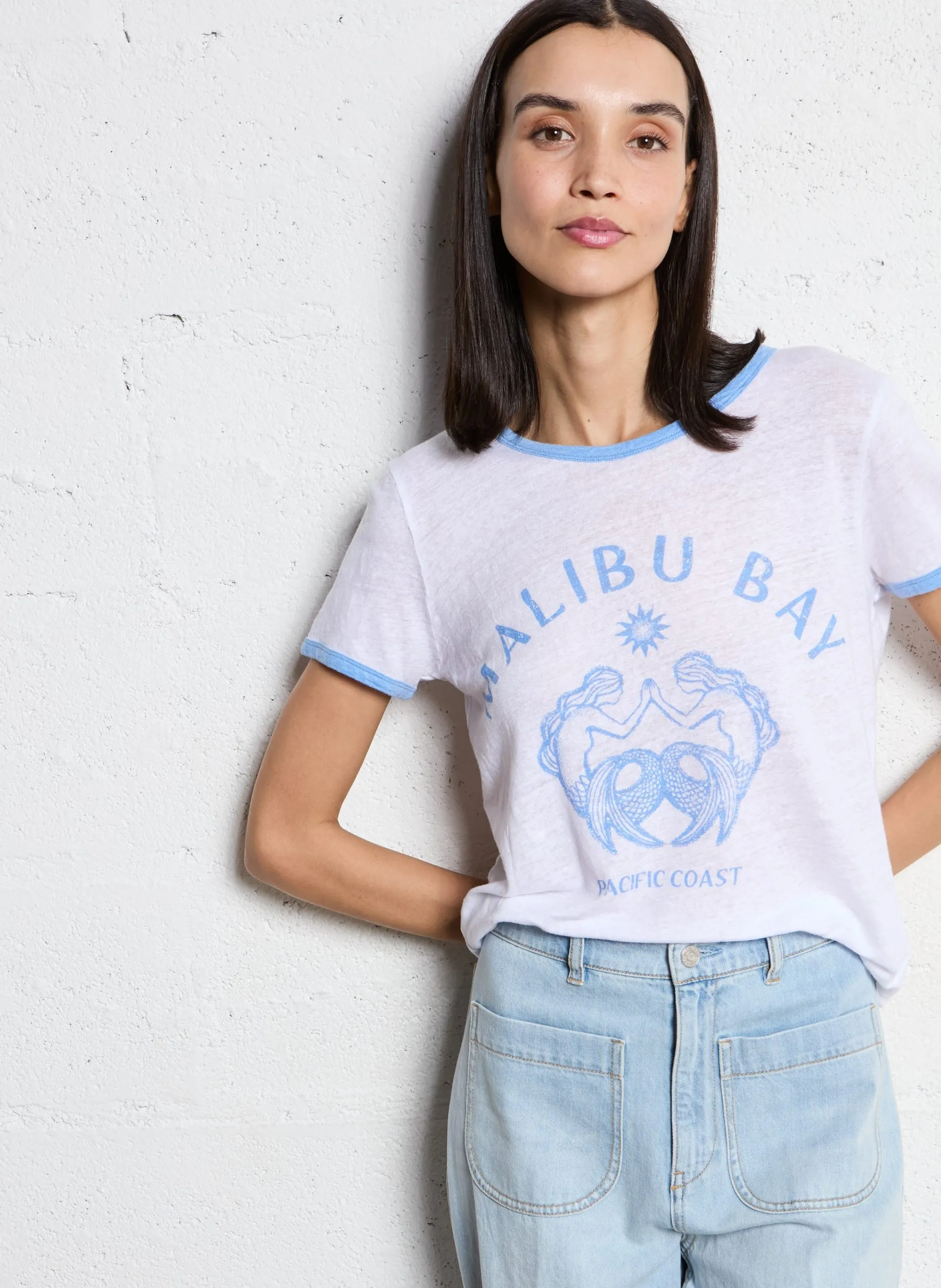 Tee-shirt droit col rond en lin Blanc TALIBU