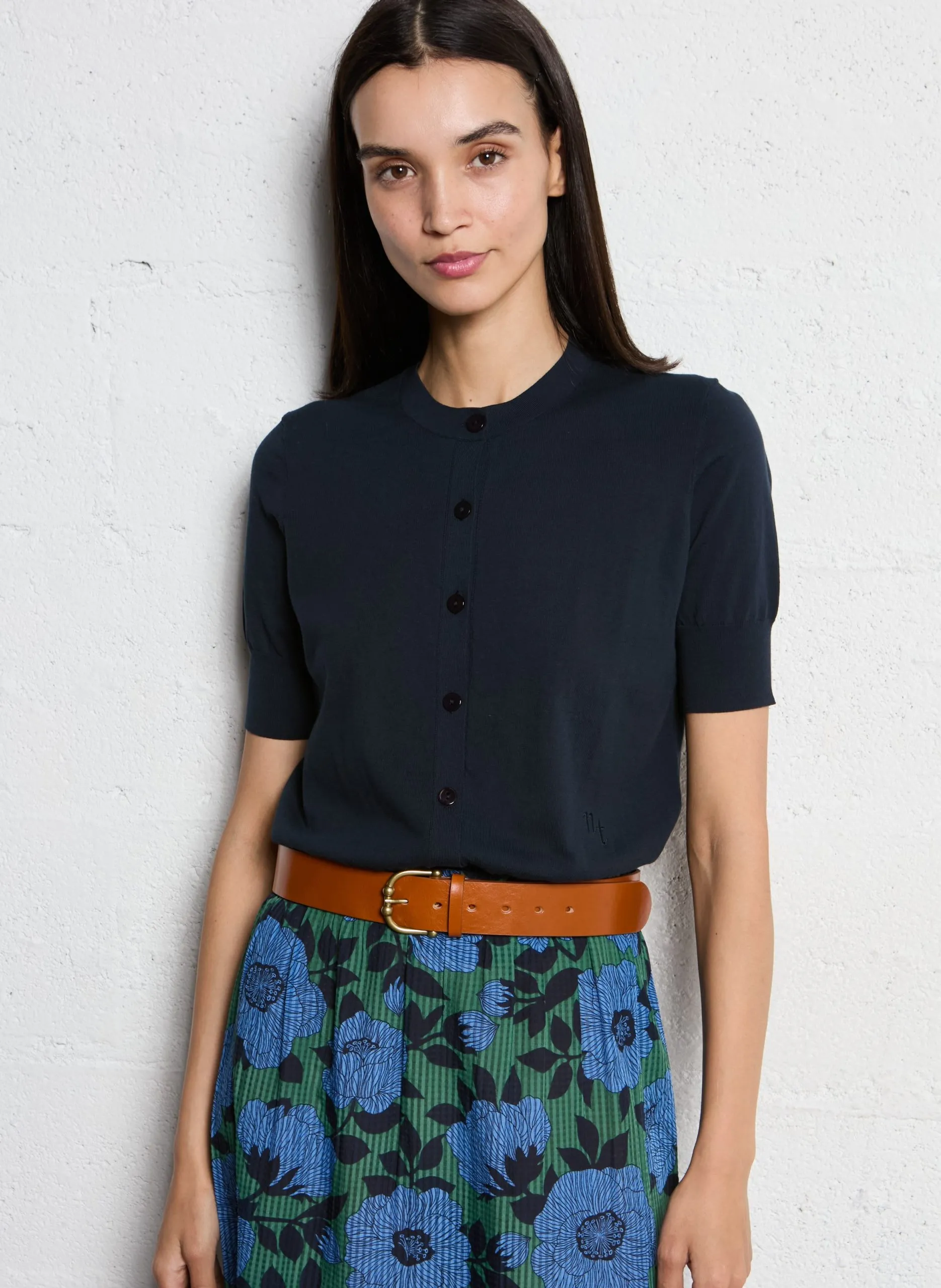 Gilet droit col rond en coton Bleu