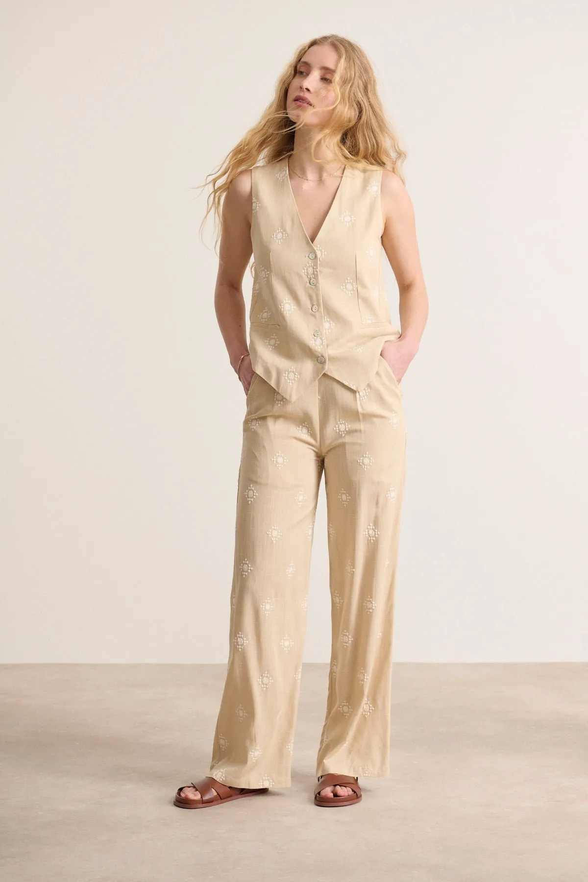 Pantalon droit brodé Beige TORINO