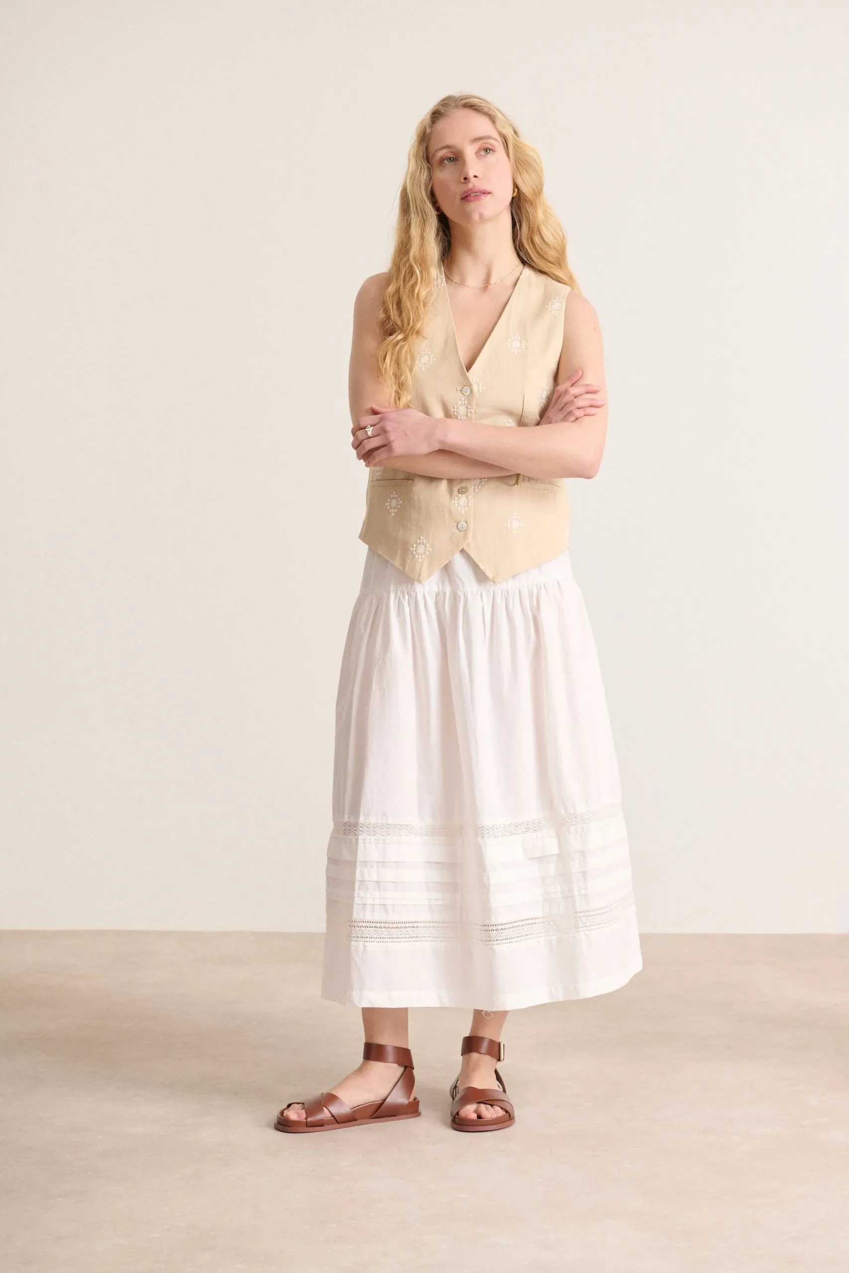 Jupe midi brodée Blanc VICTOIRE