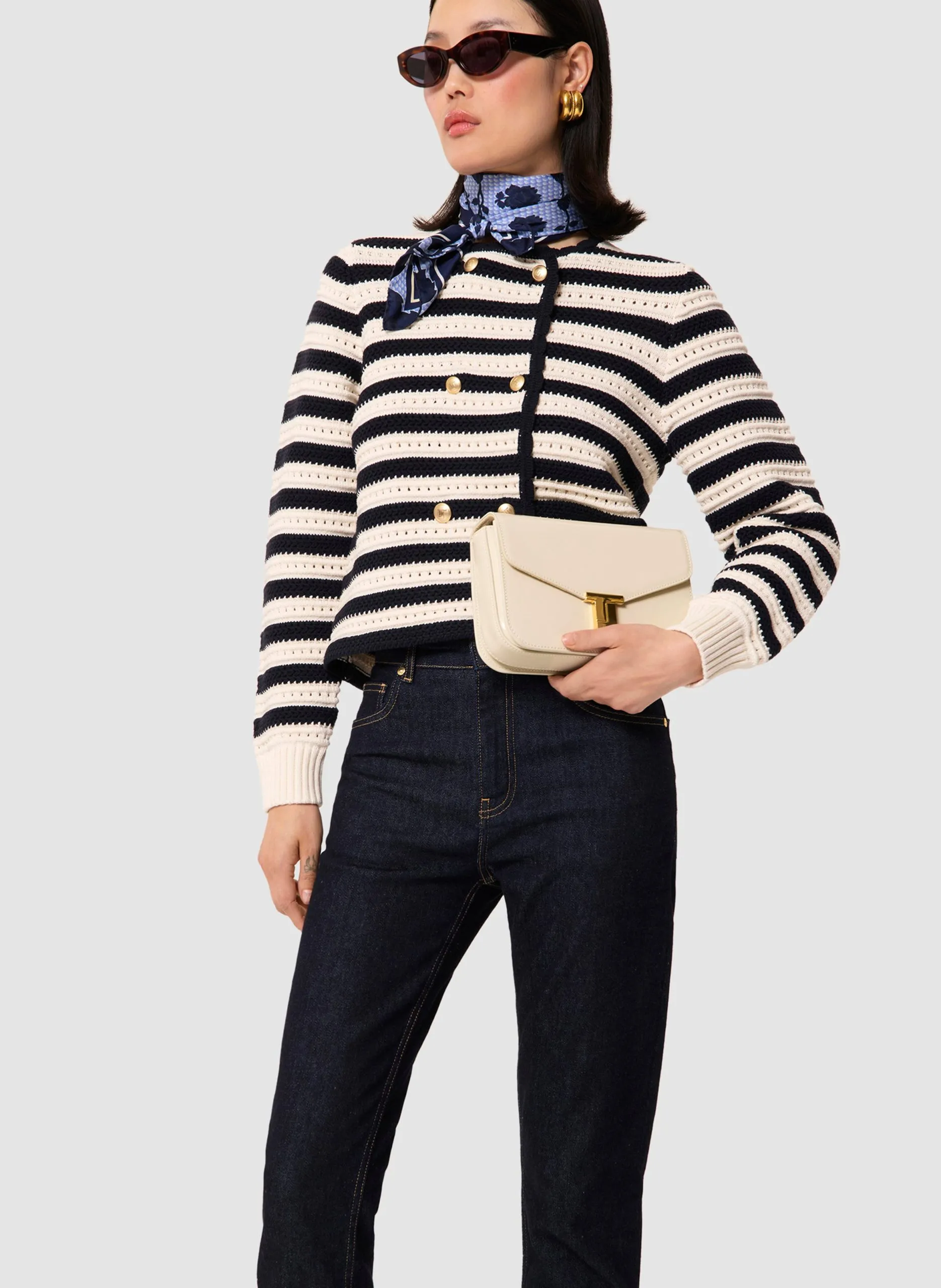 Gilet col rond rayé en coton Beige GOLDIE