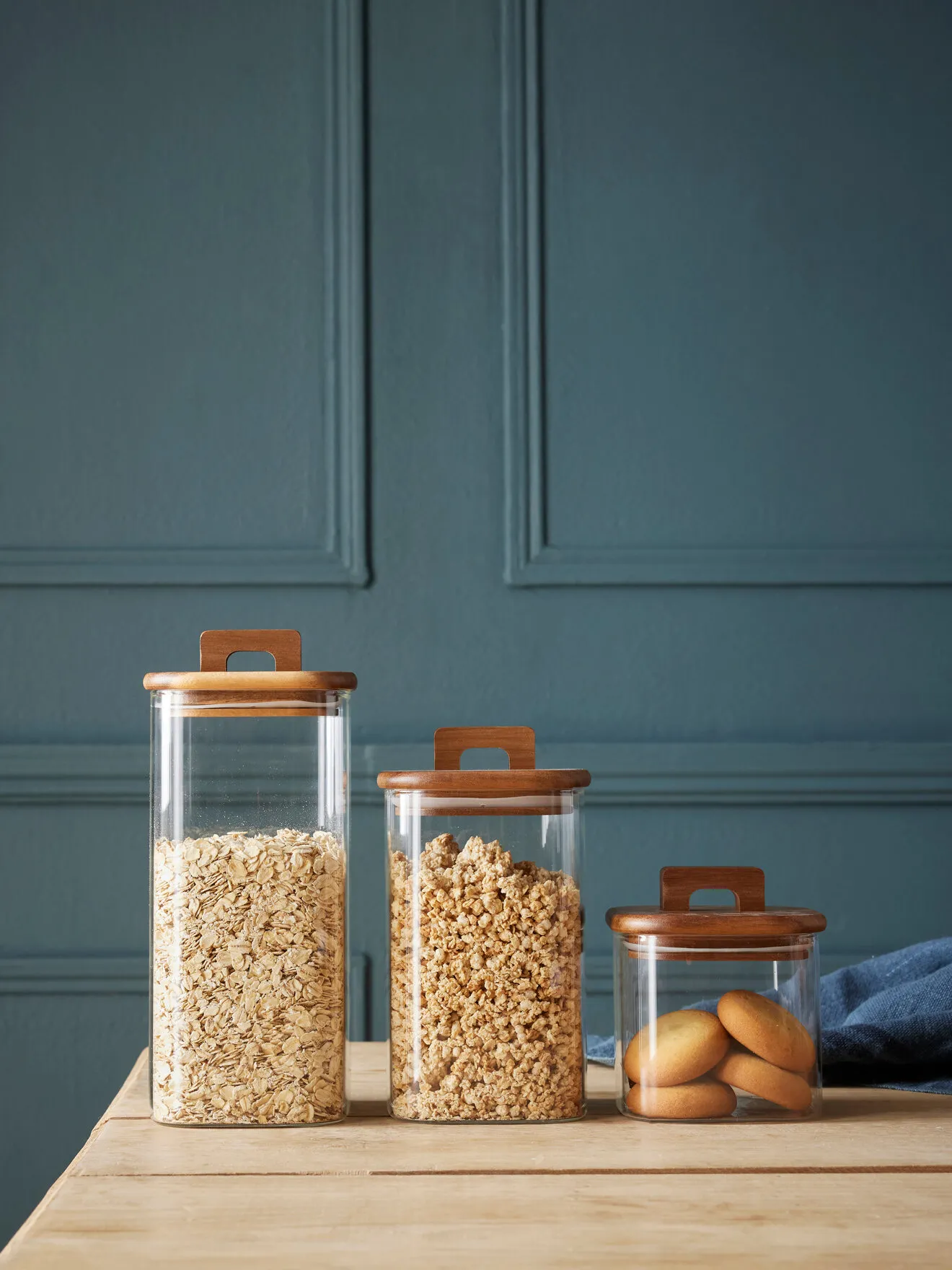 Pot en verre et bois d'acacia par lot de 3 Marron