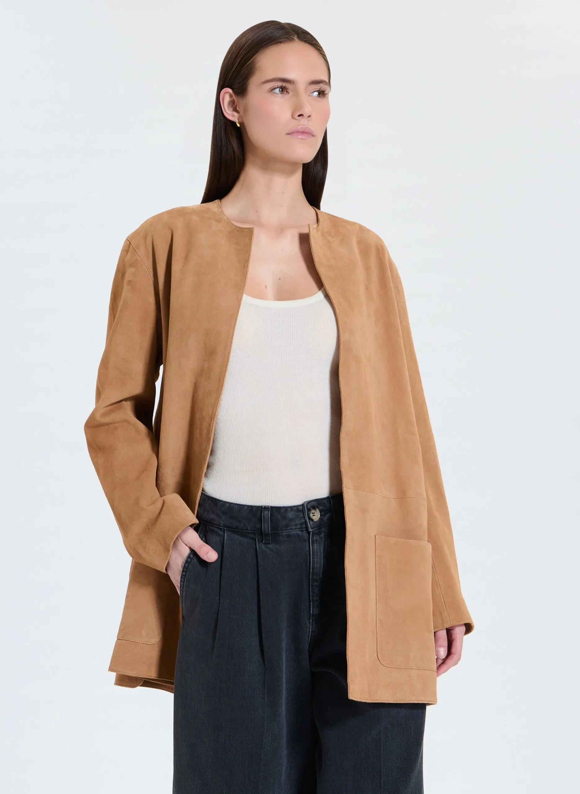 Manteau col rond en cuir Beige MANOA