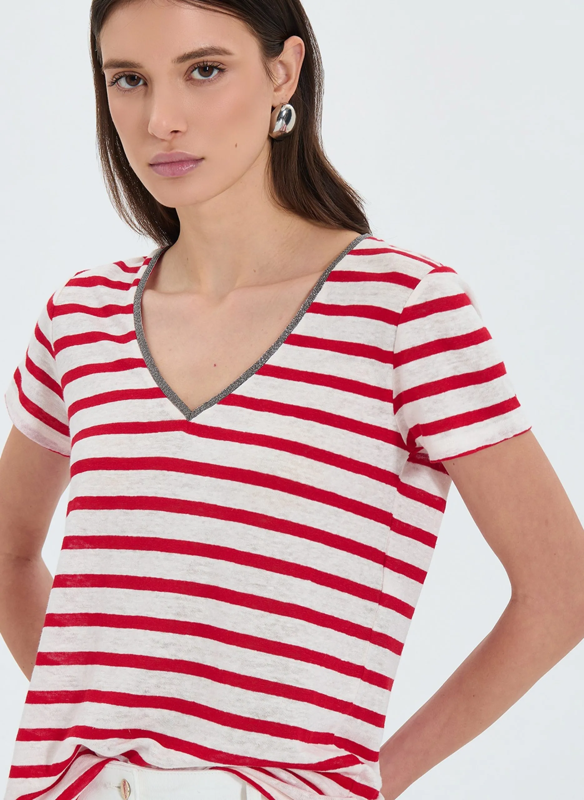 Top droit en lin rayé Rouge TASMANIE