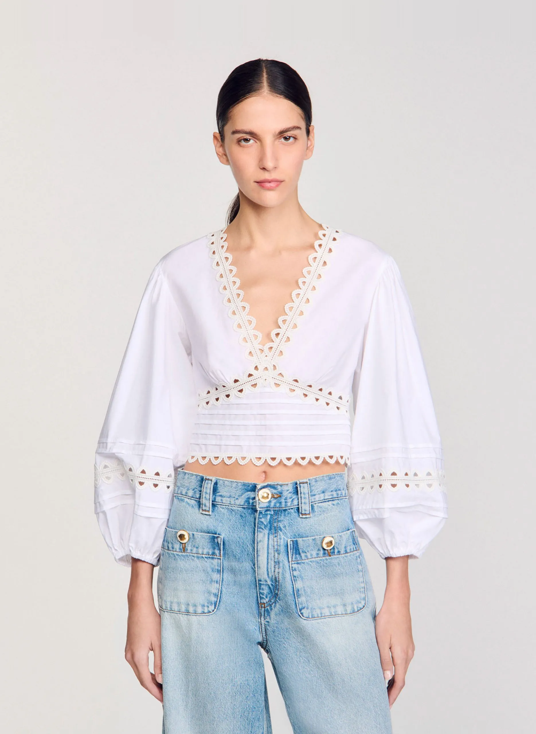 Top court col V en coton Blanc