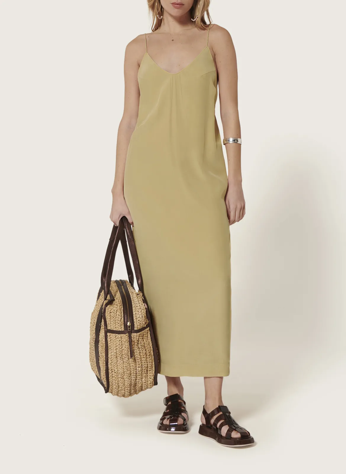 Robe longue droite encolure V Beige BLAKE