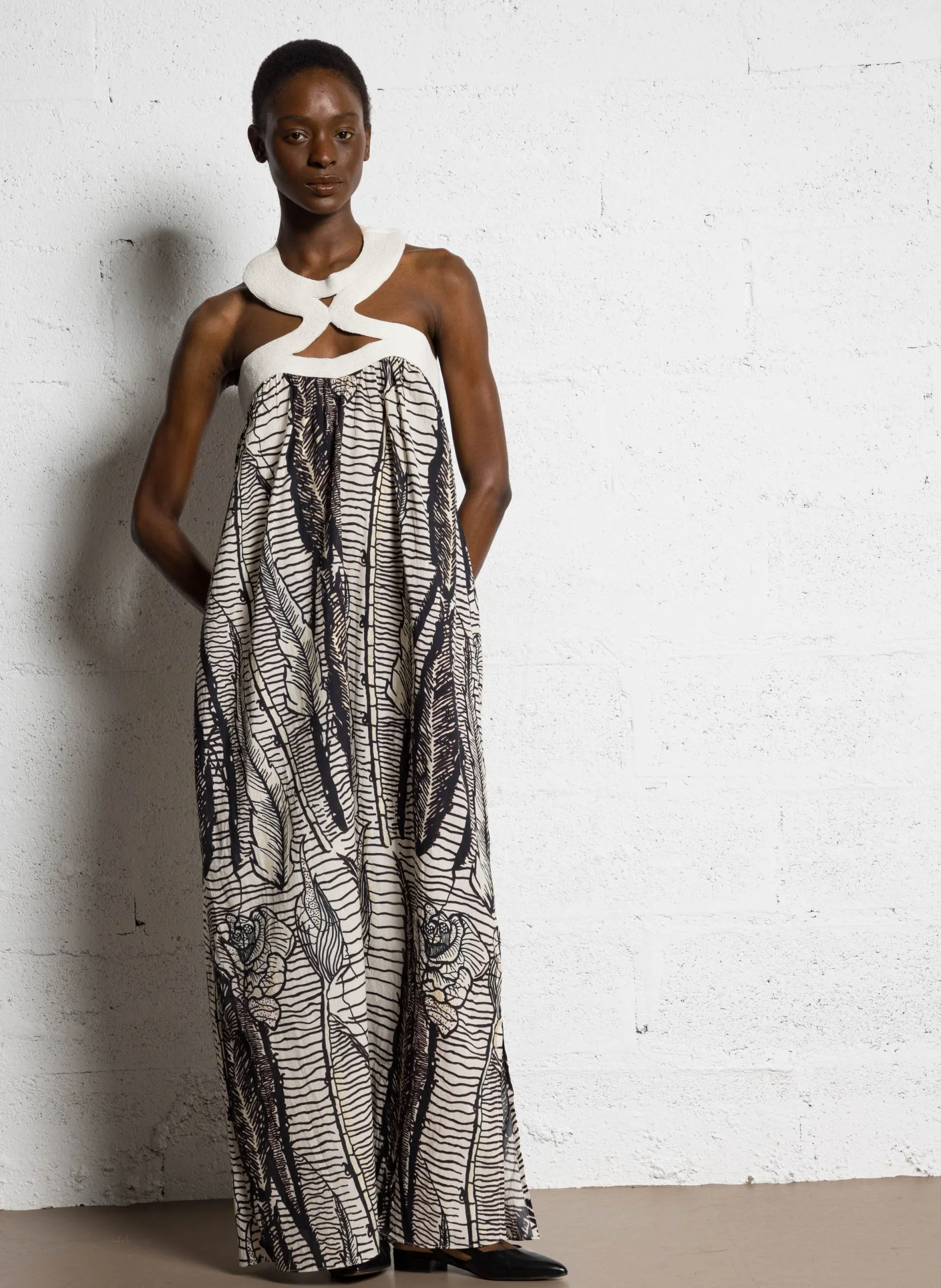 Robe midi col rond imprimée en coton Marron DELINA