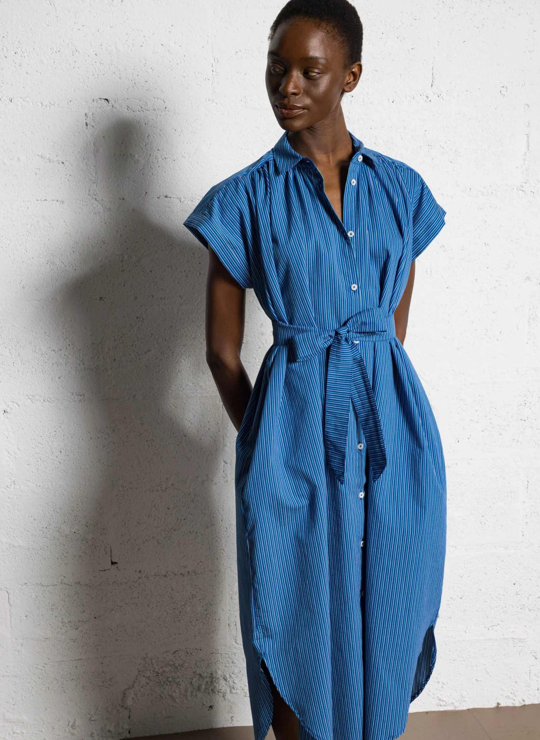 Robe longue col classique en coton mélangé Bleu SARDAIGNE