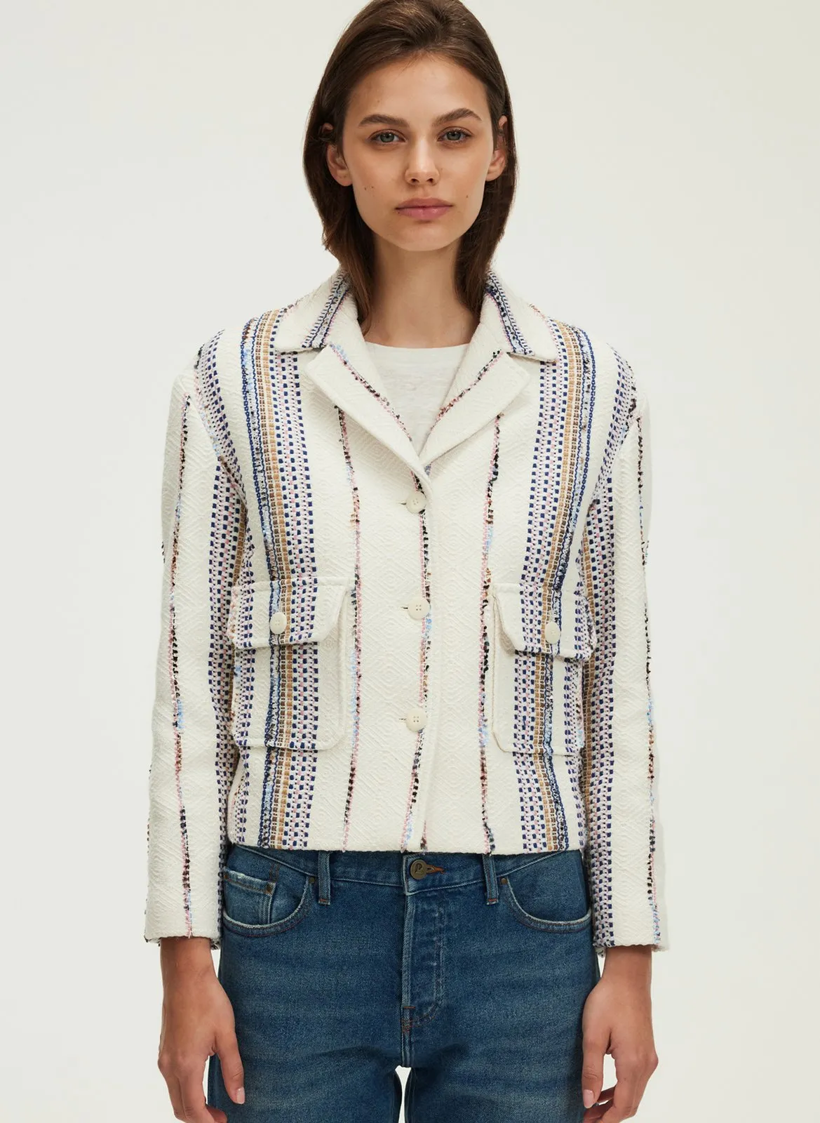 Veste col tailleur en coton mélangé Beige RYSELLE