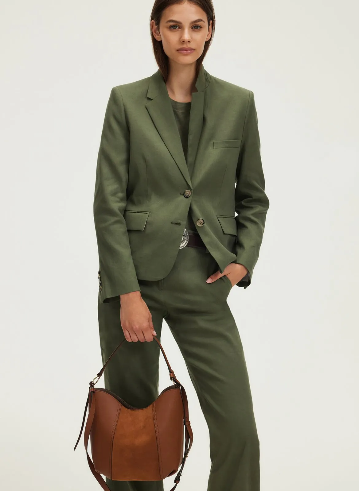 Veste tailleur en lin mélangé Kaki RAMIA