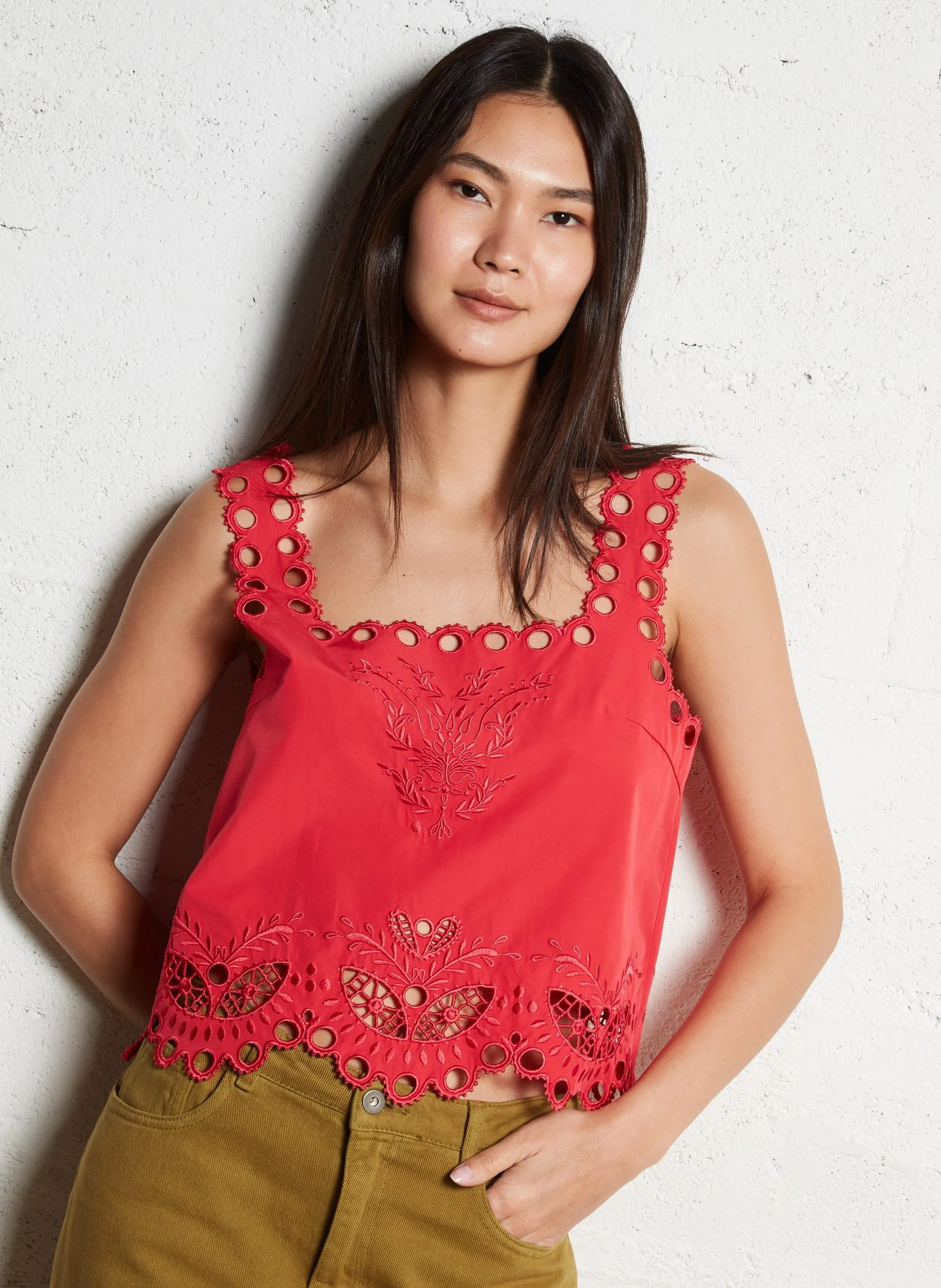 Top col carré en coton mélangé Orange CTISTA