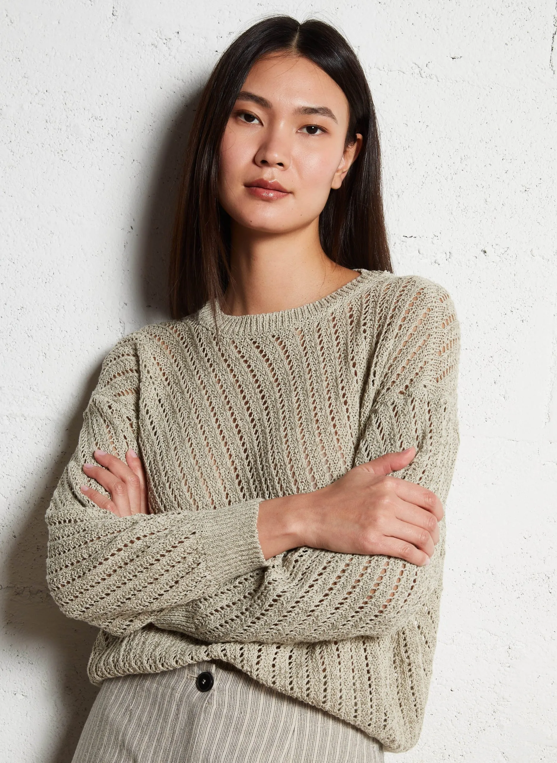 Pull ajouré en coton et lin mélangés Blanc