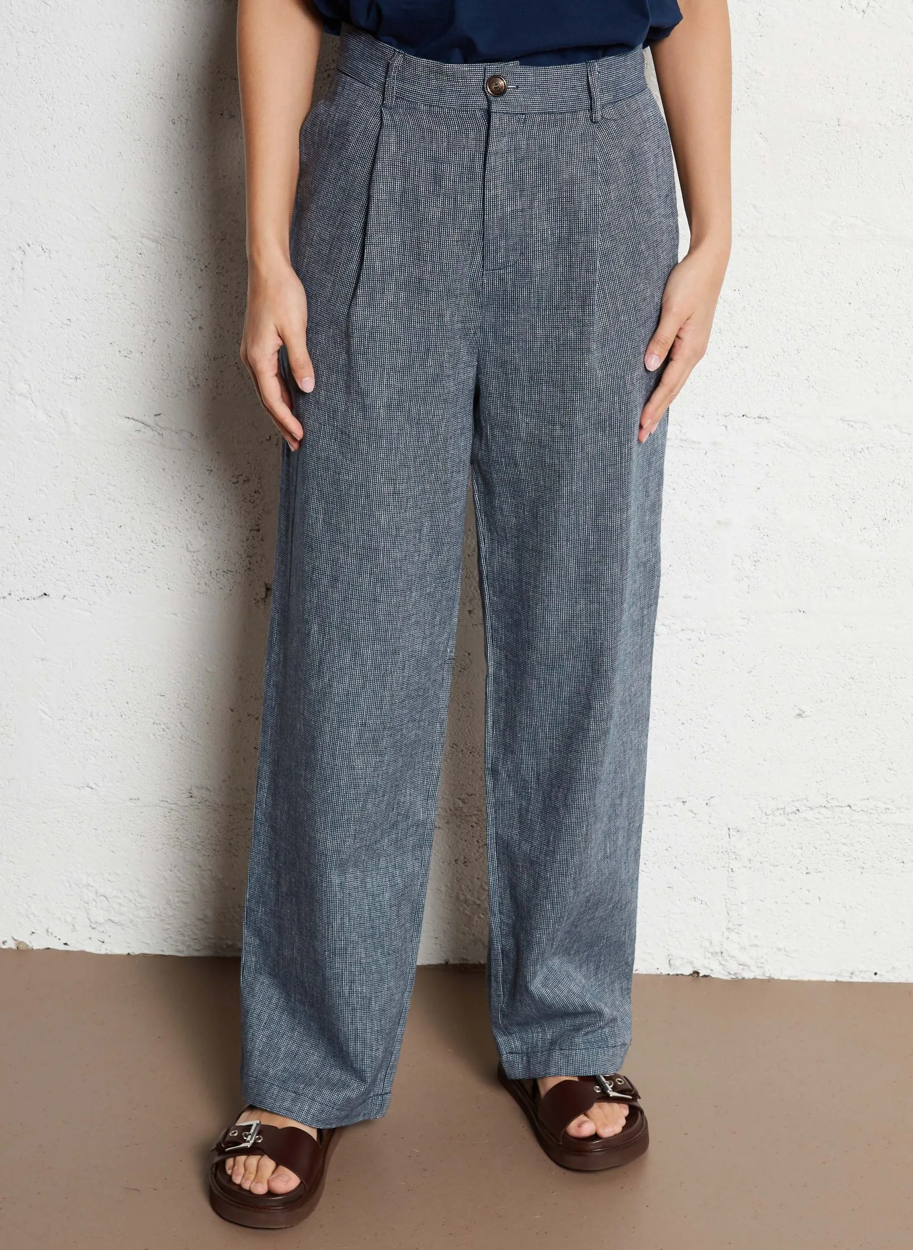 Pantalon droit en lin mélangé Bleu