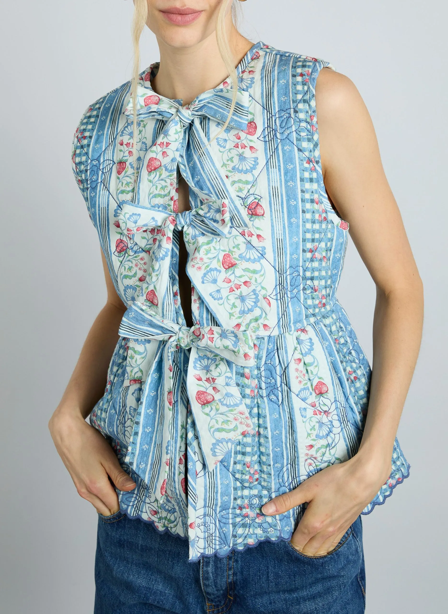 Gilet imprimé sans manches à nœuds Bleu CATRIN