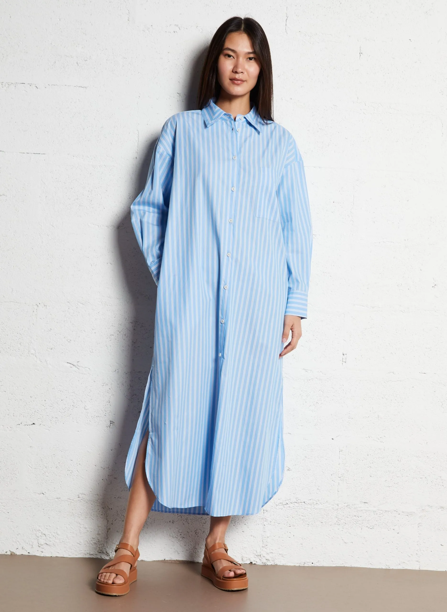 Robe longue col classique en coton Bleu PATMOS