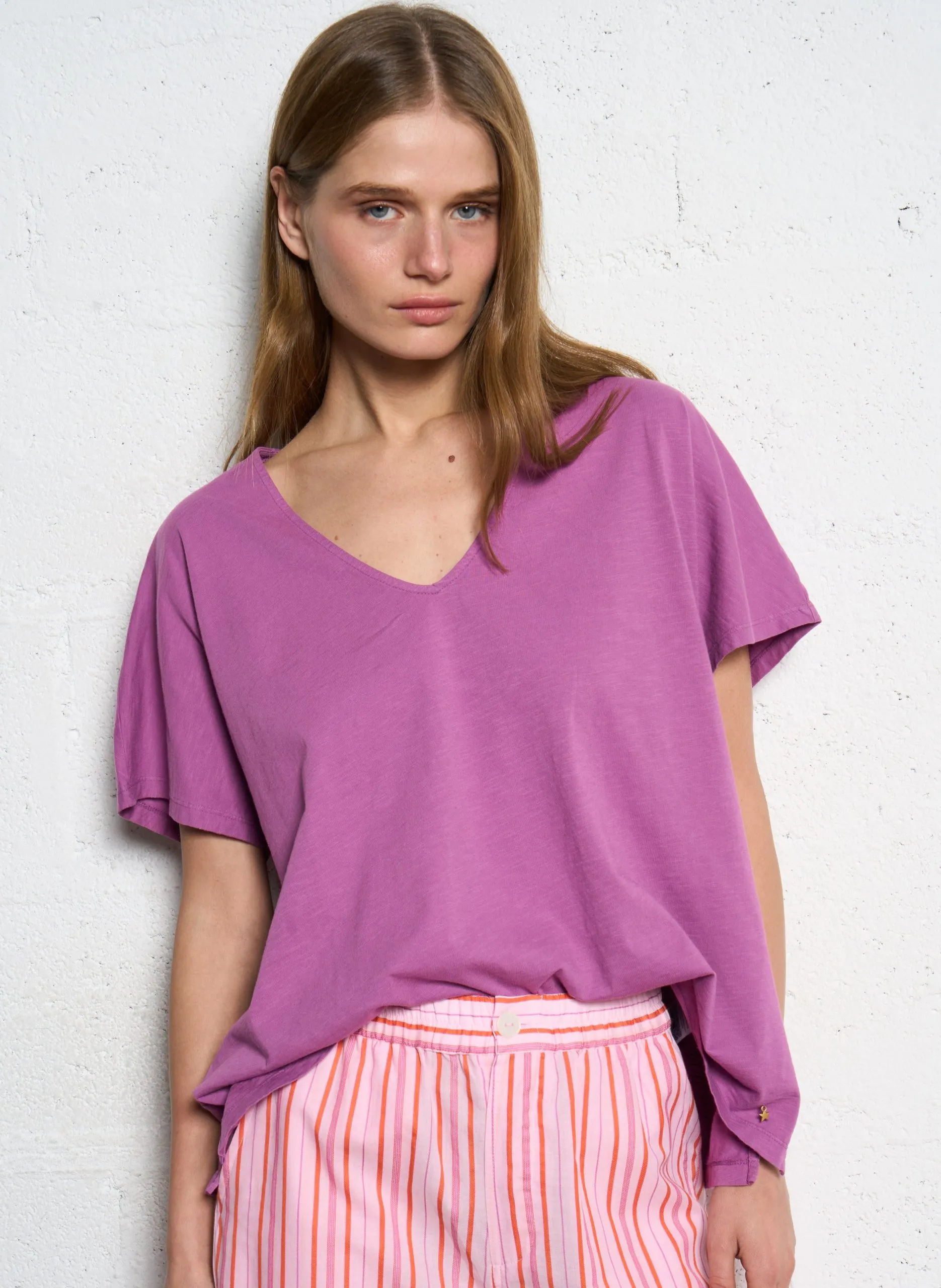 Tee-shirt droit col V en coton Violet ZAELINE