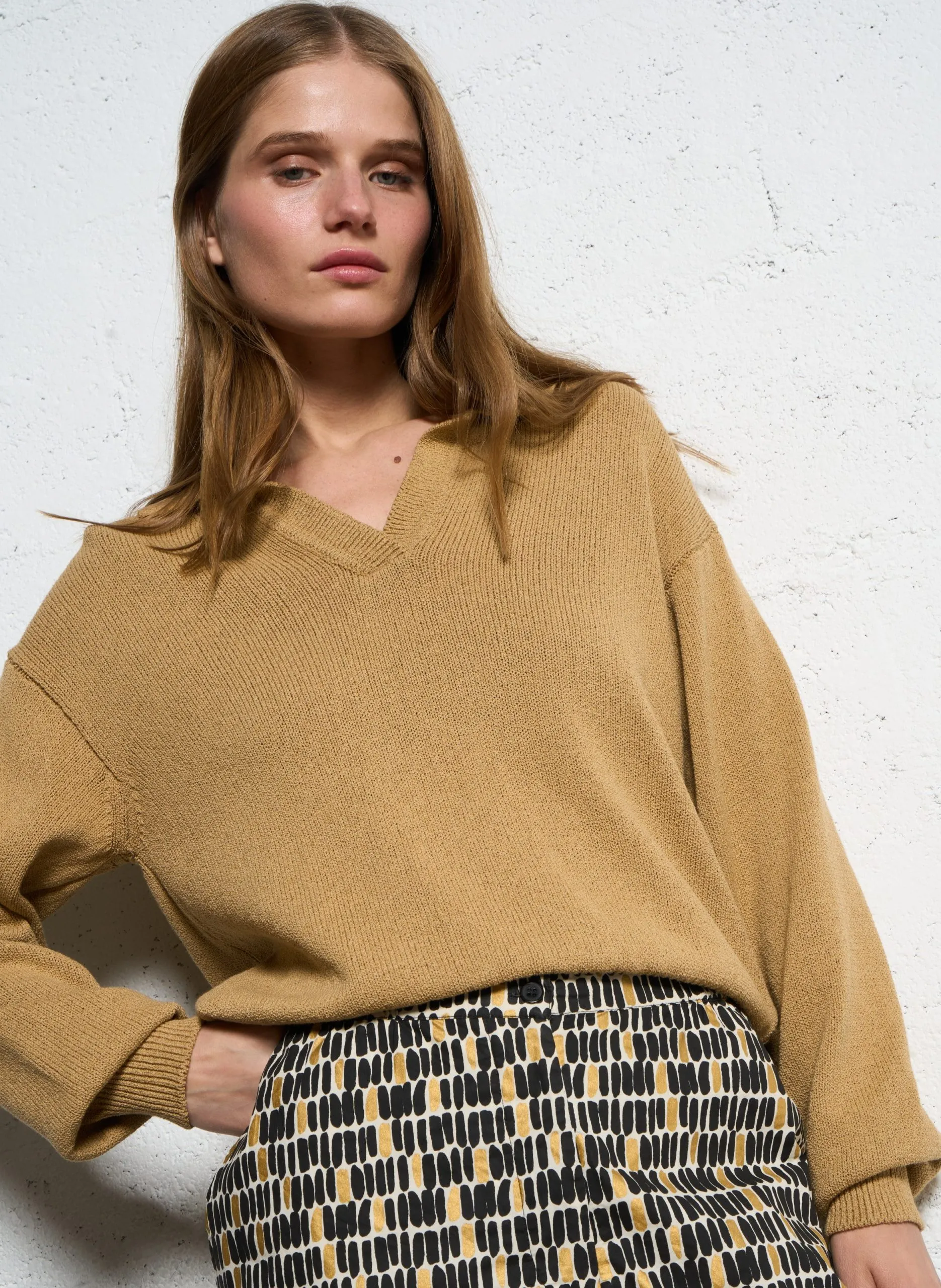 Polo en coton et lin mélangés Beige