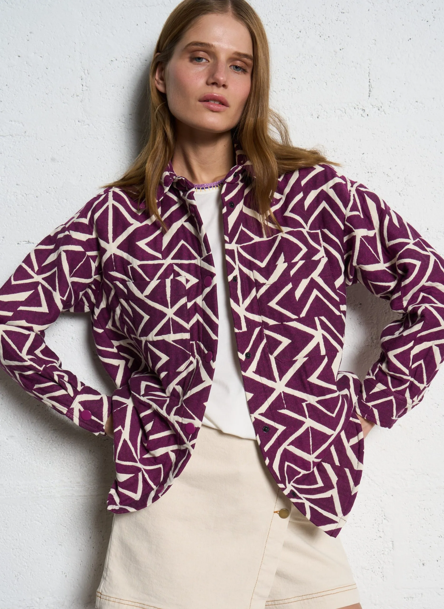 Surchemise col classique imprimée en coton mélangé Violet