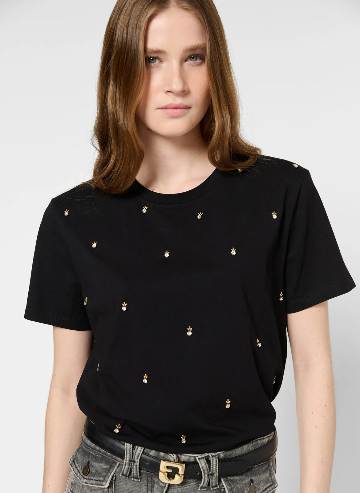 Tee-shirt droit en coton brodé Noir GRACIA