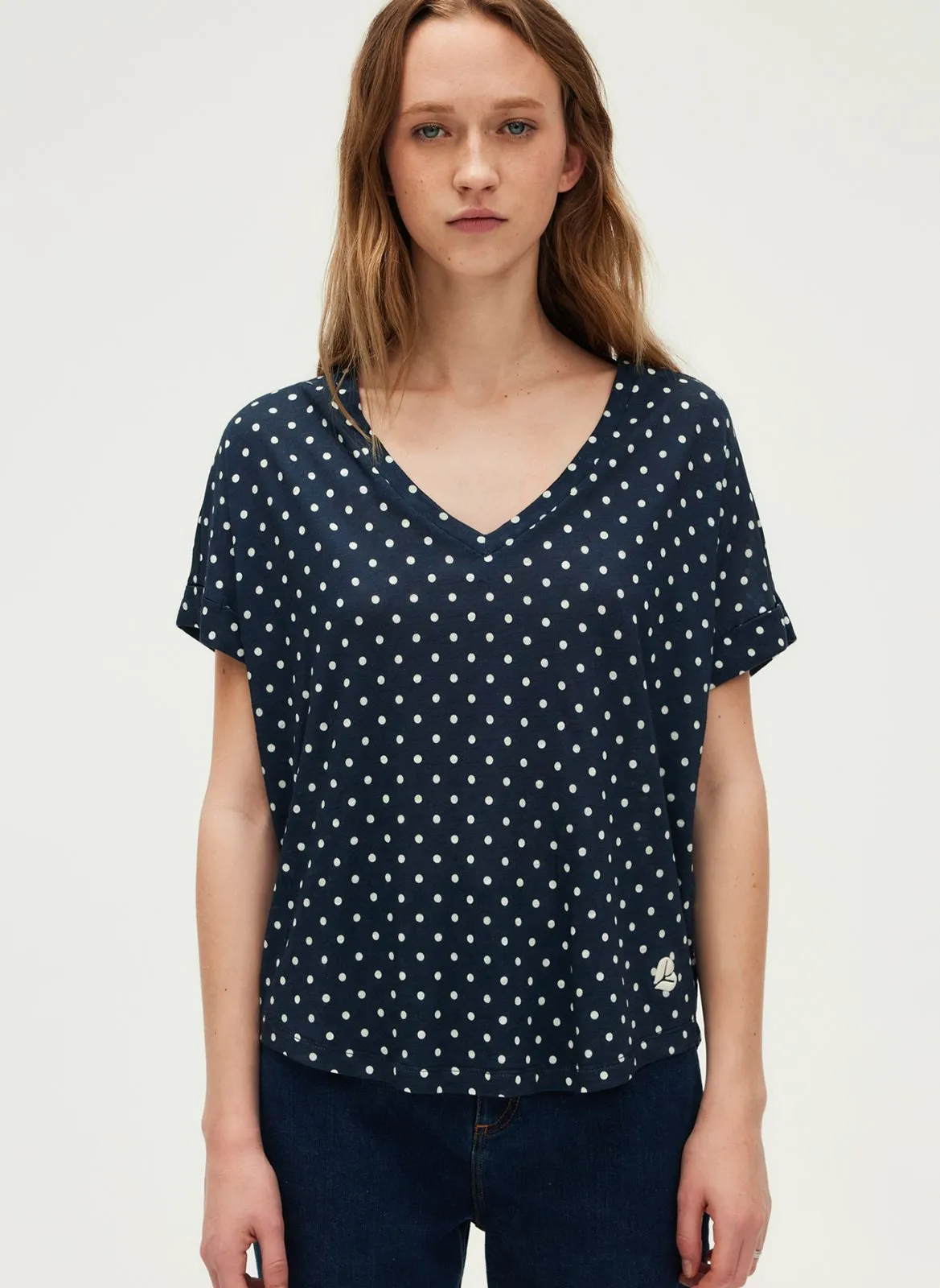 Tee-shirt col V en coton mélangé Bleu GUENAELLE