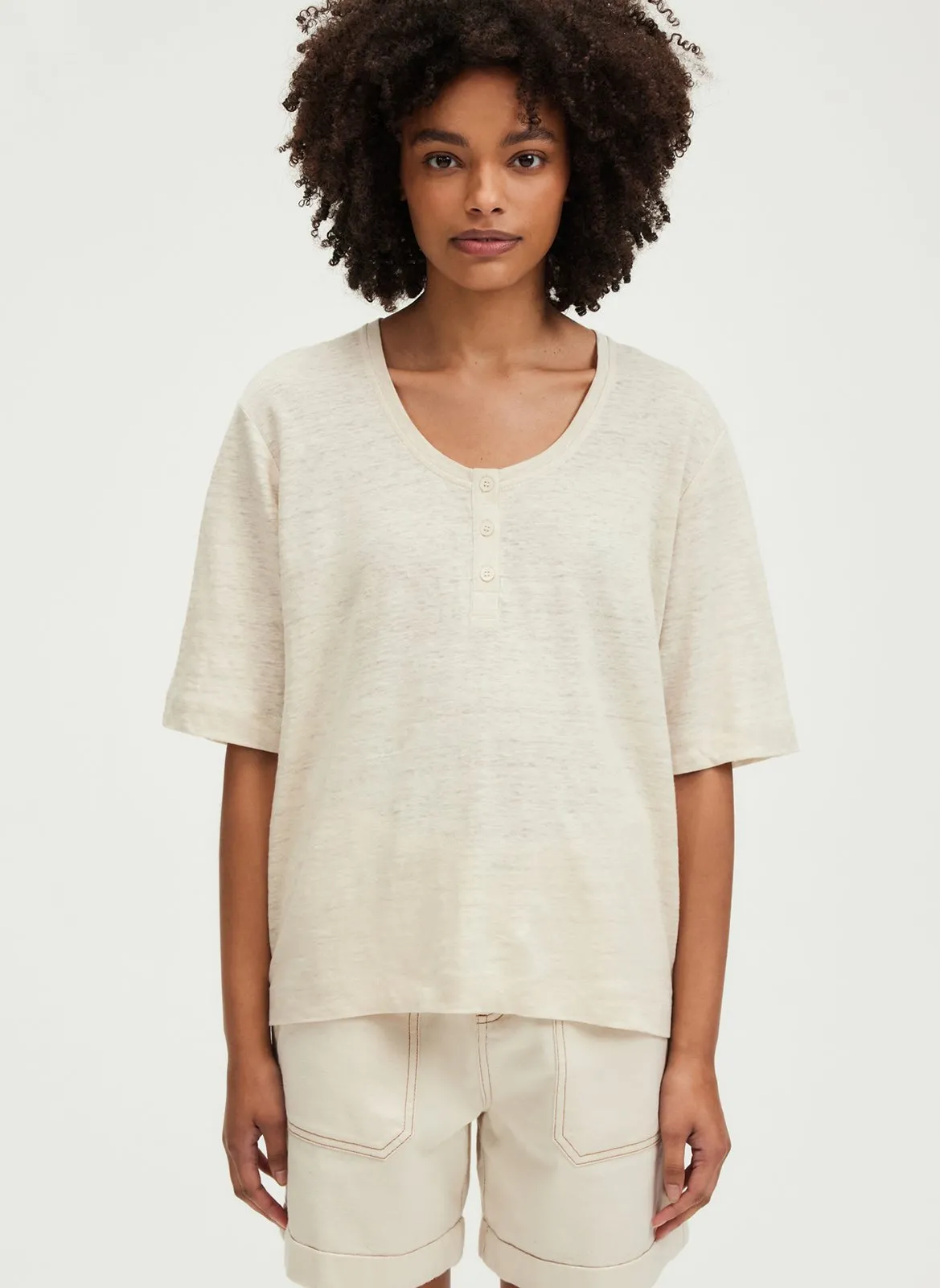 Tee-shirt col rond en lin Beige GILDA