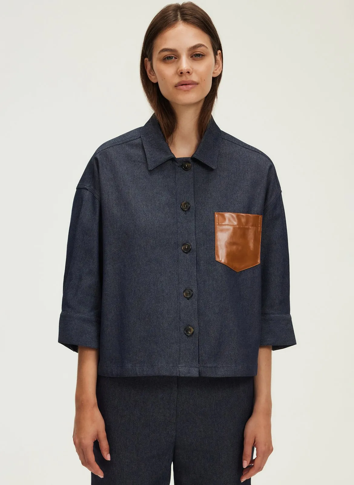 Veste col classique en denim de coton mélangé Bleu ROSELANE