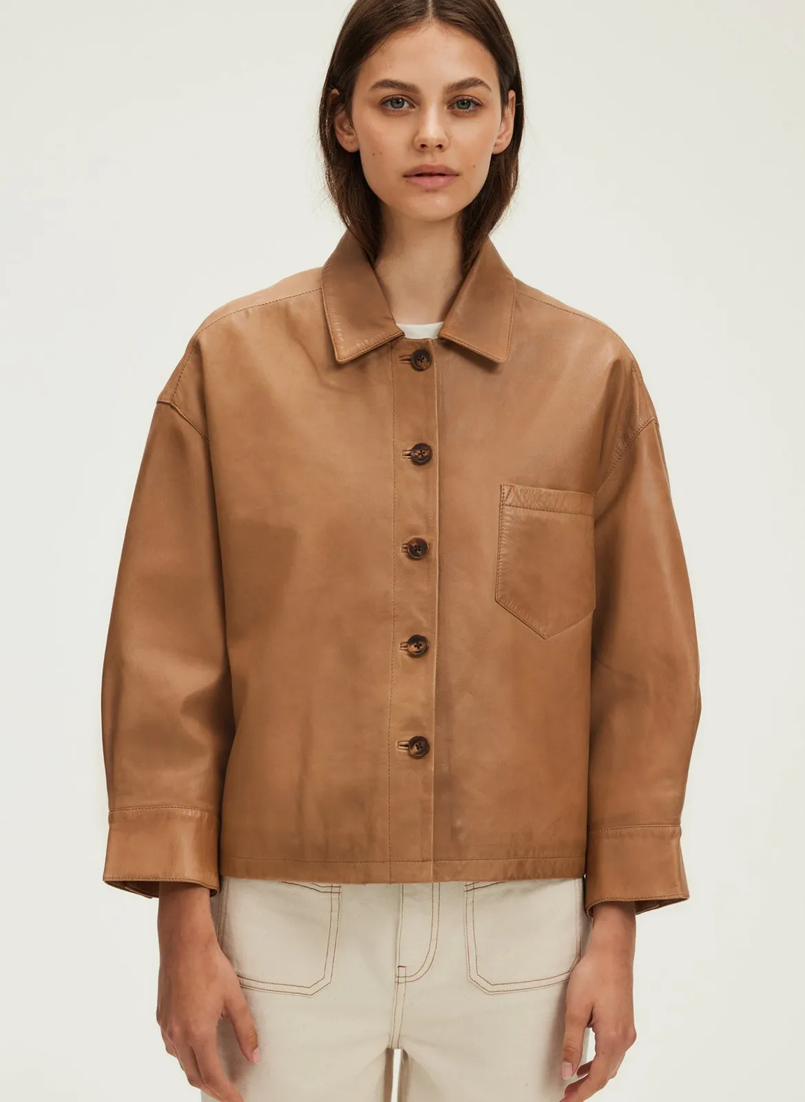 Veste col chemise en cuir Marron RAFAELA