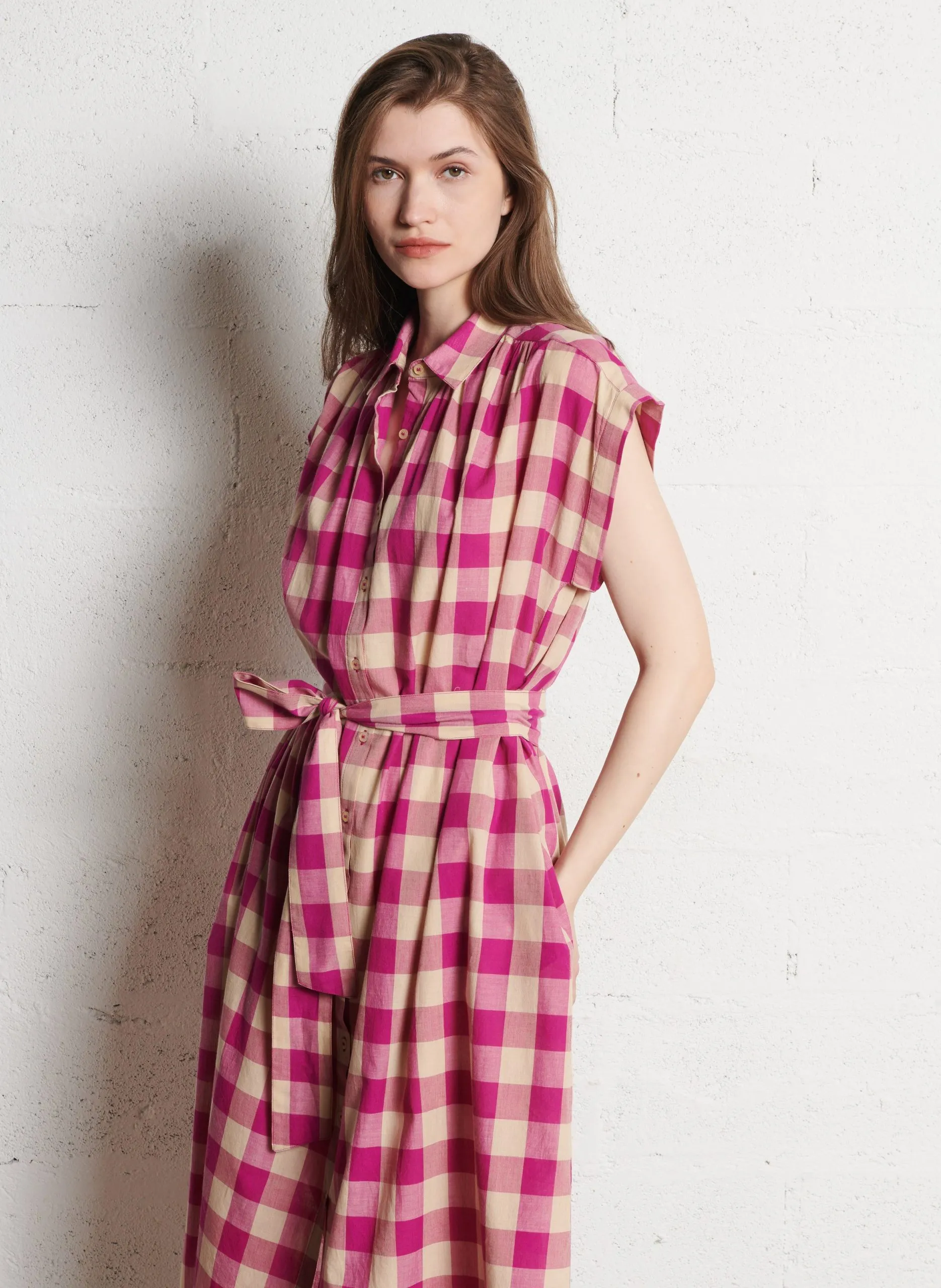 Robe longue col classique en coton Rose SARDAIGNE
