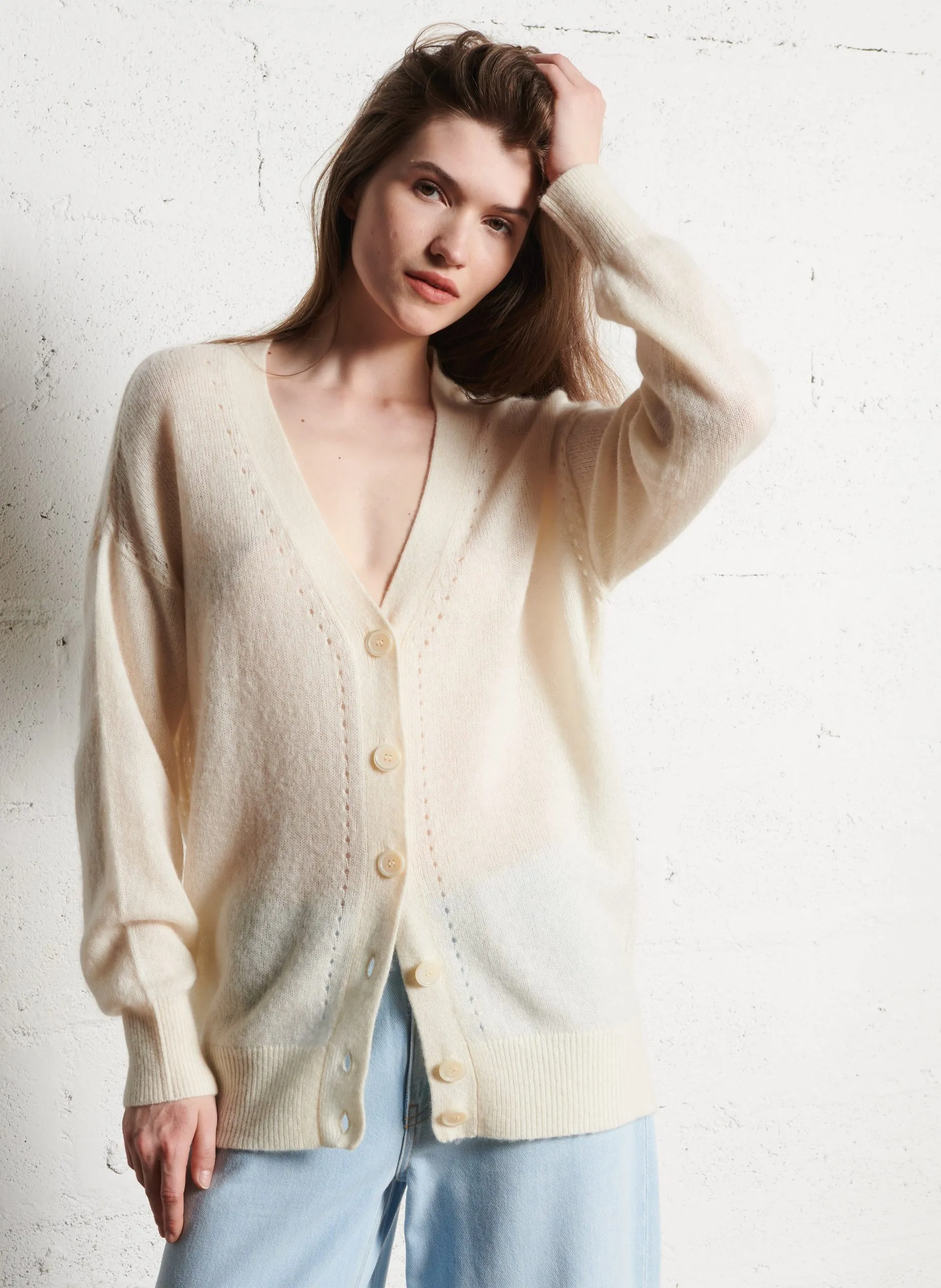 Gilet long ample en laine mélangée Beige