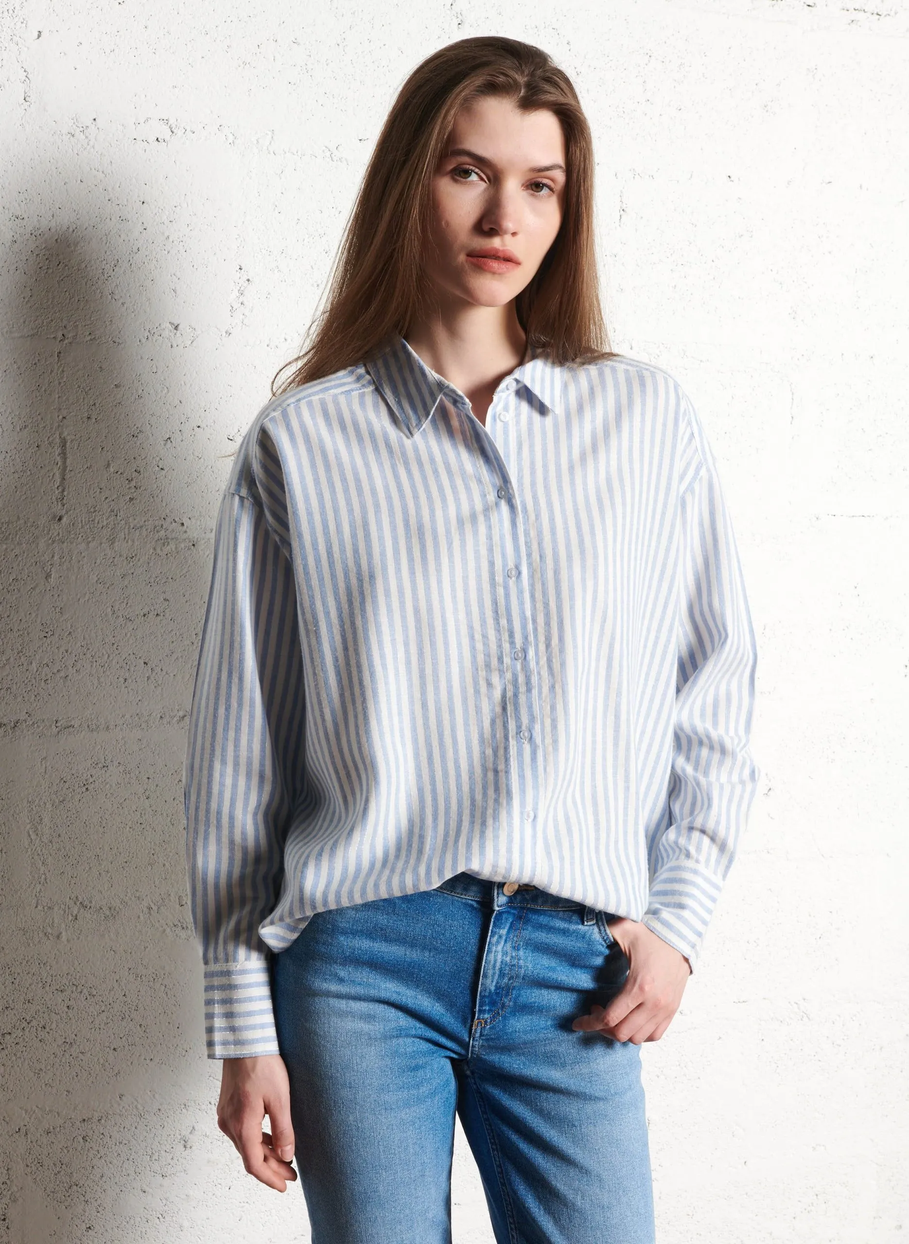 Chemise col classique en coton et en lin mélangés Bleu CATTY