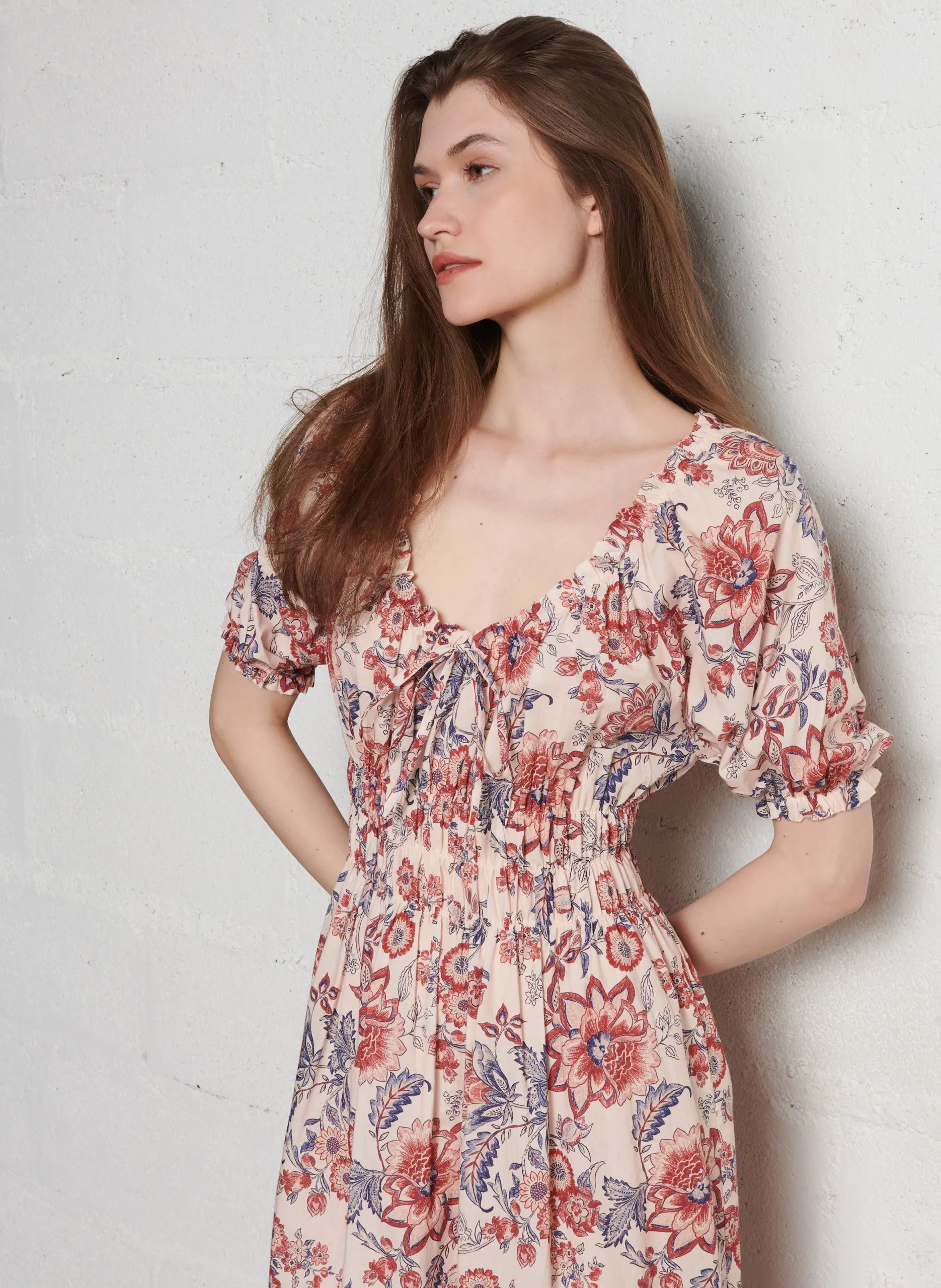 Robe longue col bateau à imprimé florale Beige KAIA