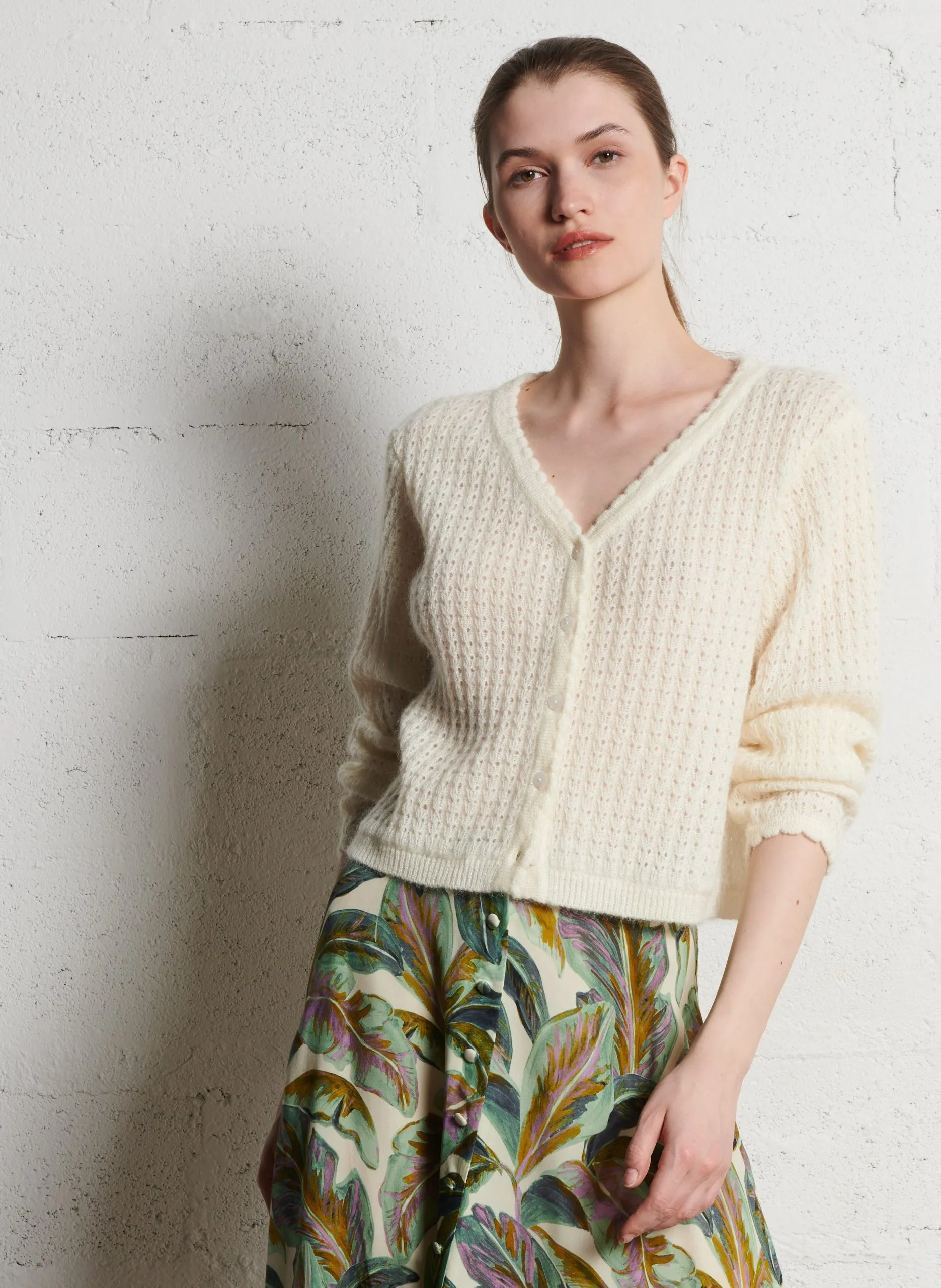 Cardigan droit en maille Blanc BORIS