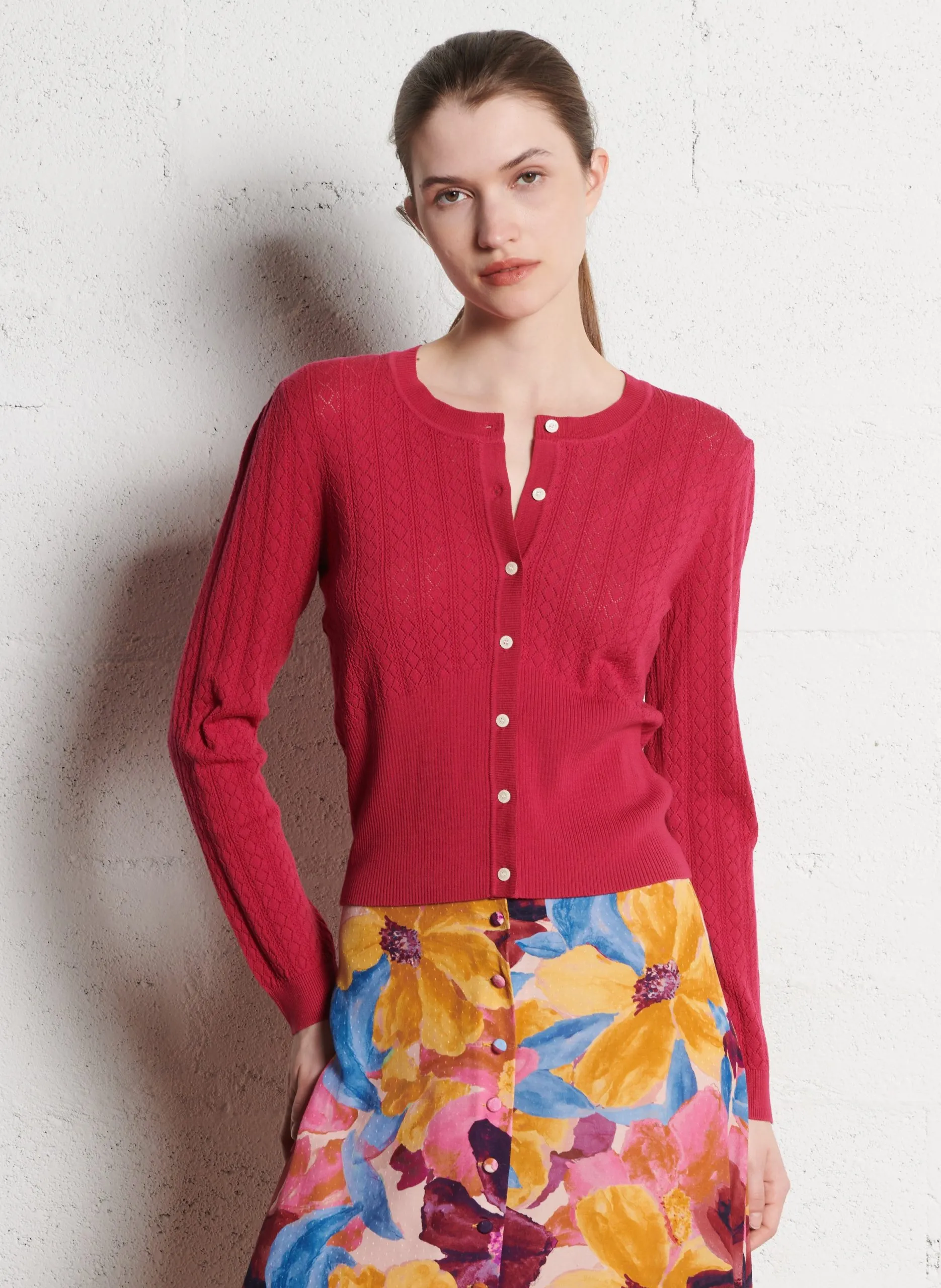 Cardigan ajusté col rond en maille Rose ANGELINA