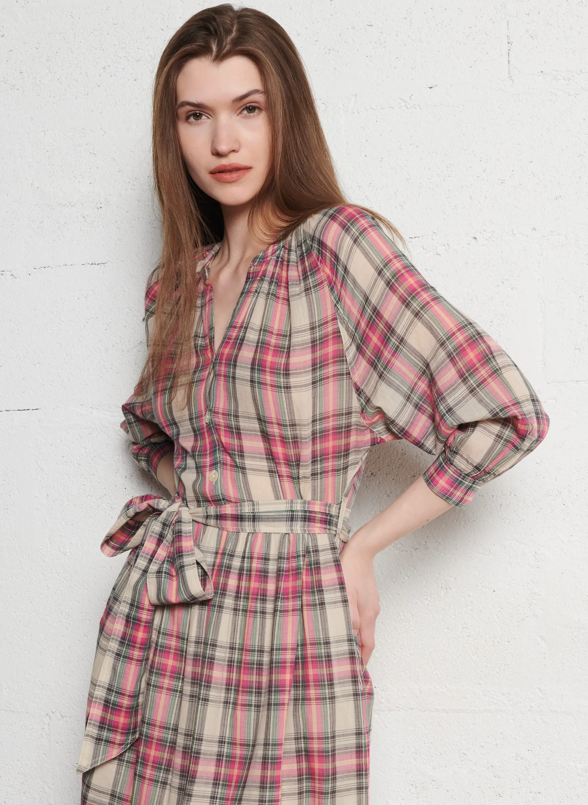 Robe longue col V en coton bio Rose RUNA