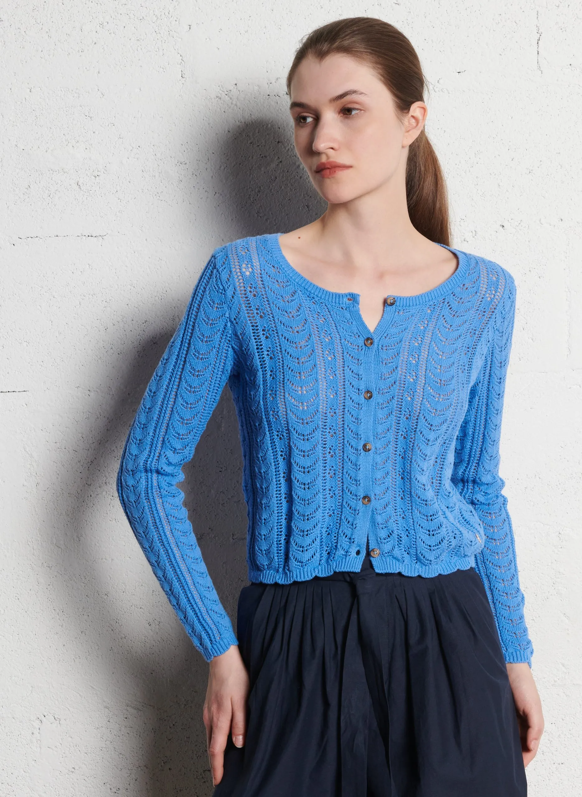 Gilet droit col rond en coton Bleu MAELYS