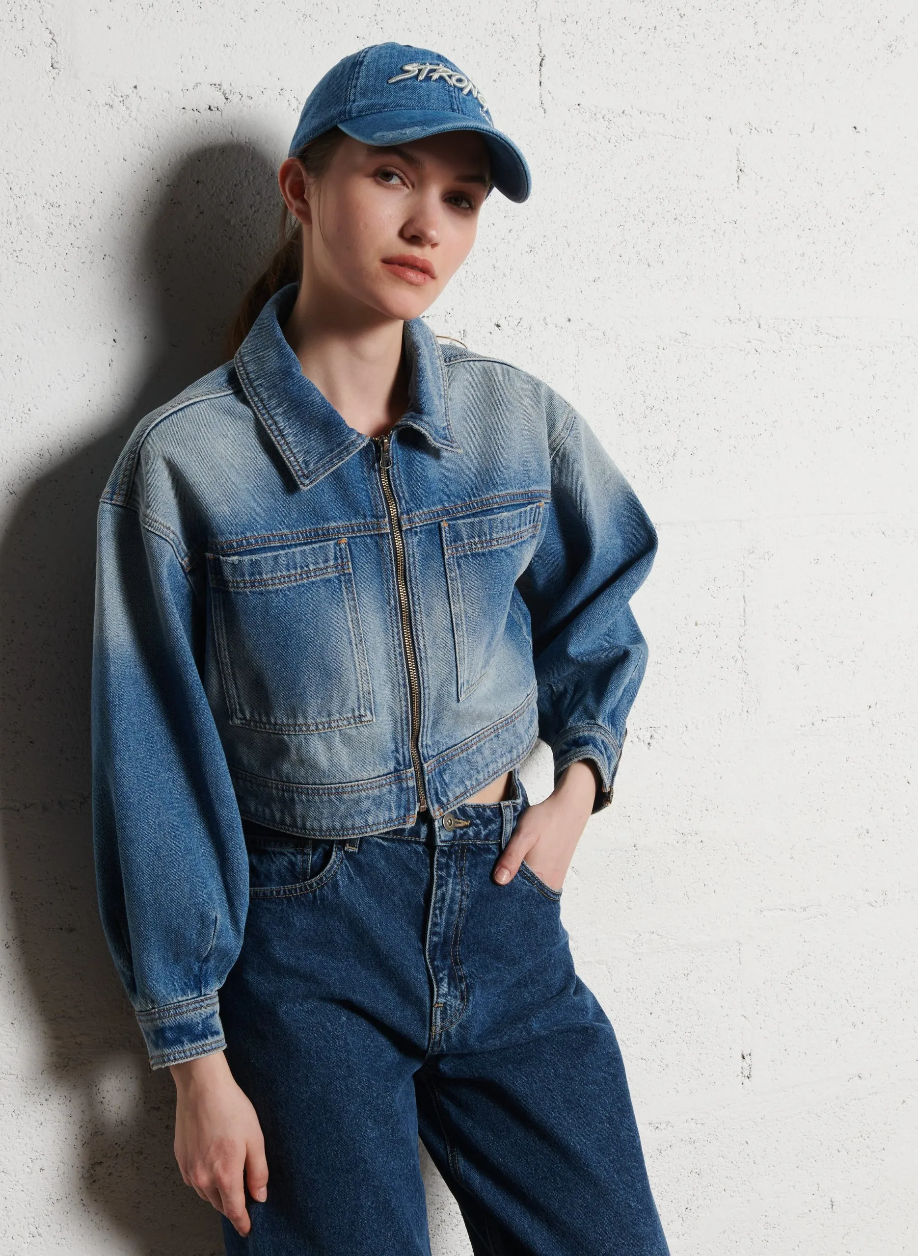 Veste col classique en denim de coton Bleu VINCIANE